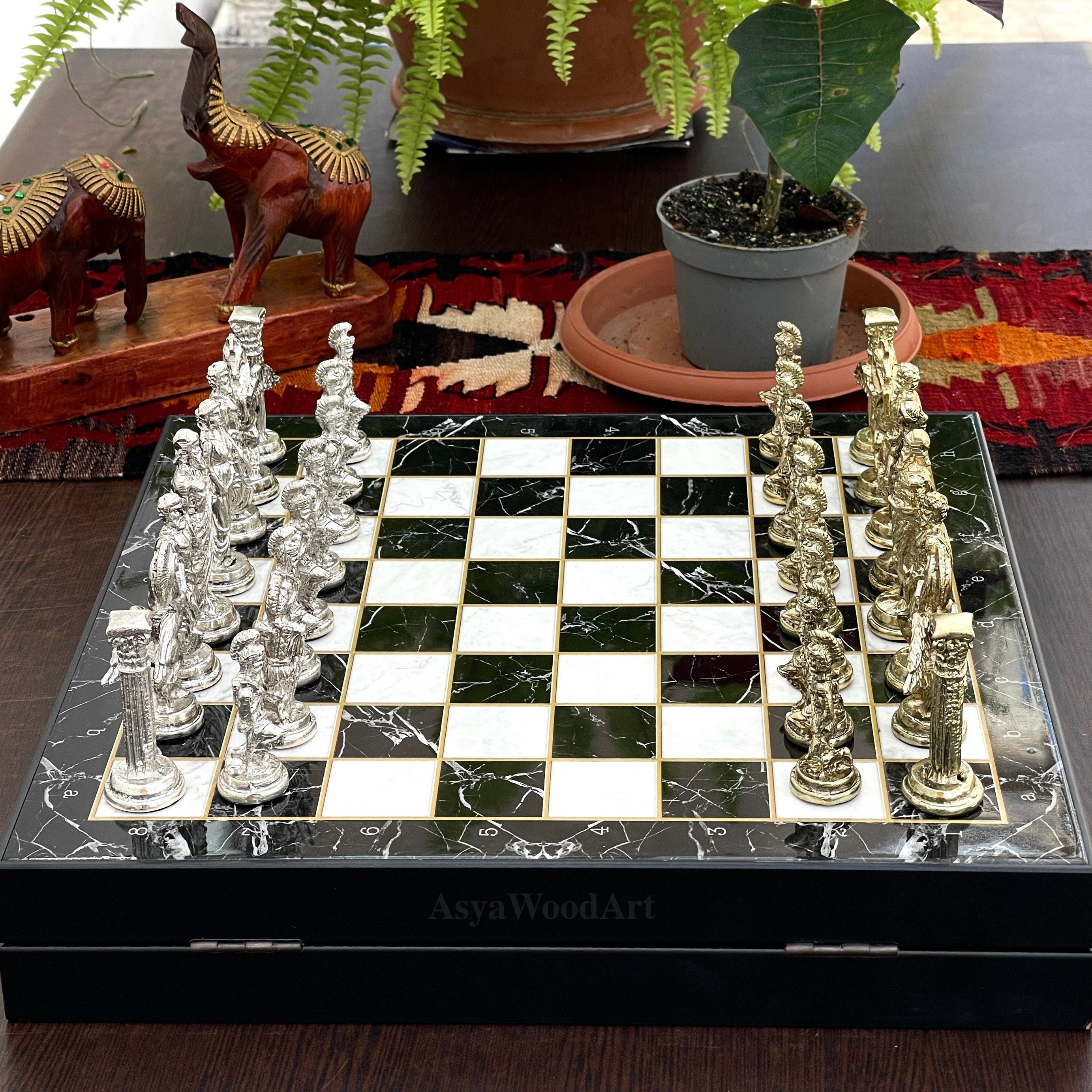 VIP Personalized Marble Patterned Chess Set With Pegasus Metal Chess Pieces