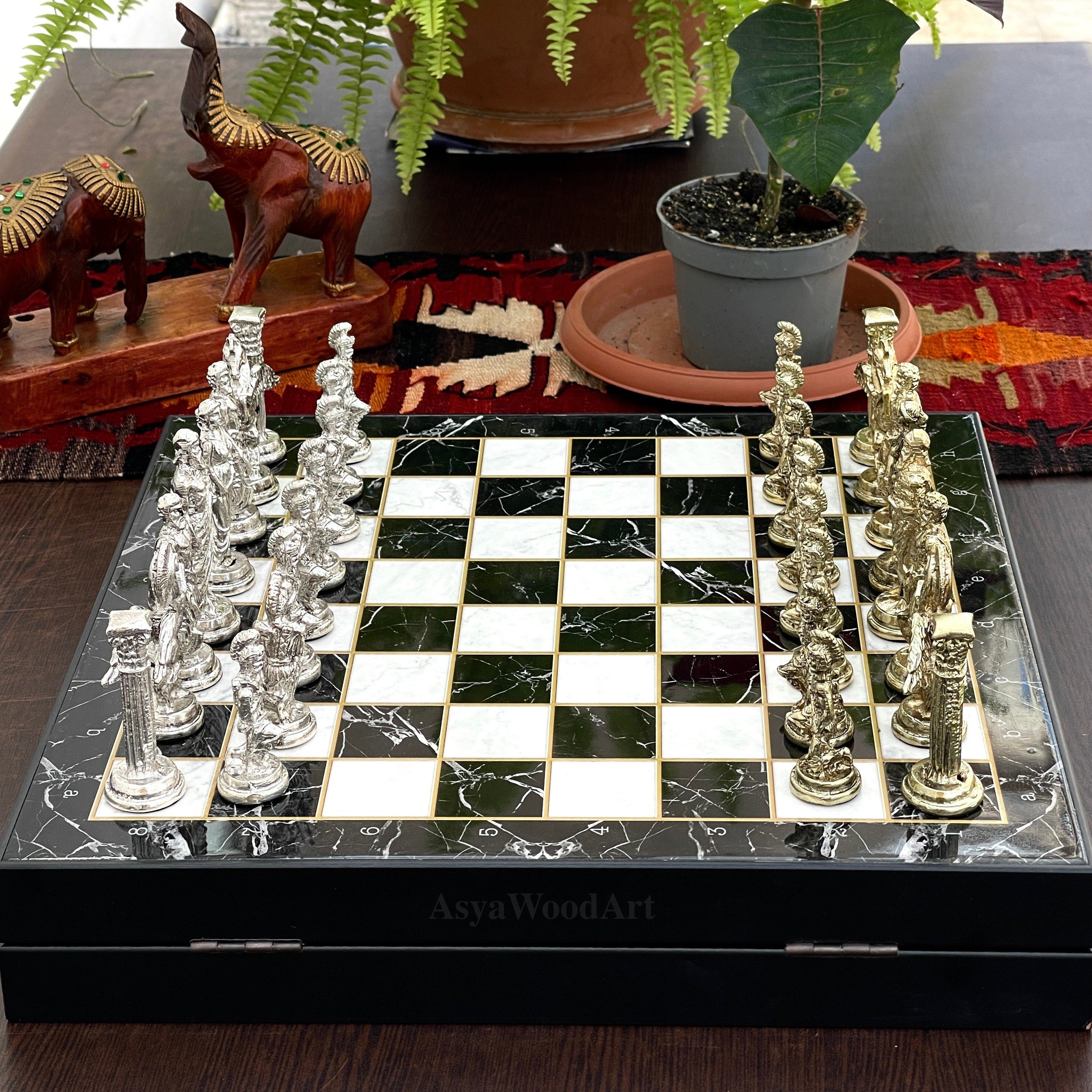 VIP Personalized Marble Patterned Chess Set With Pegasus Metal Chess Pieces
