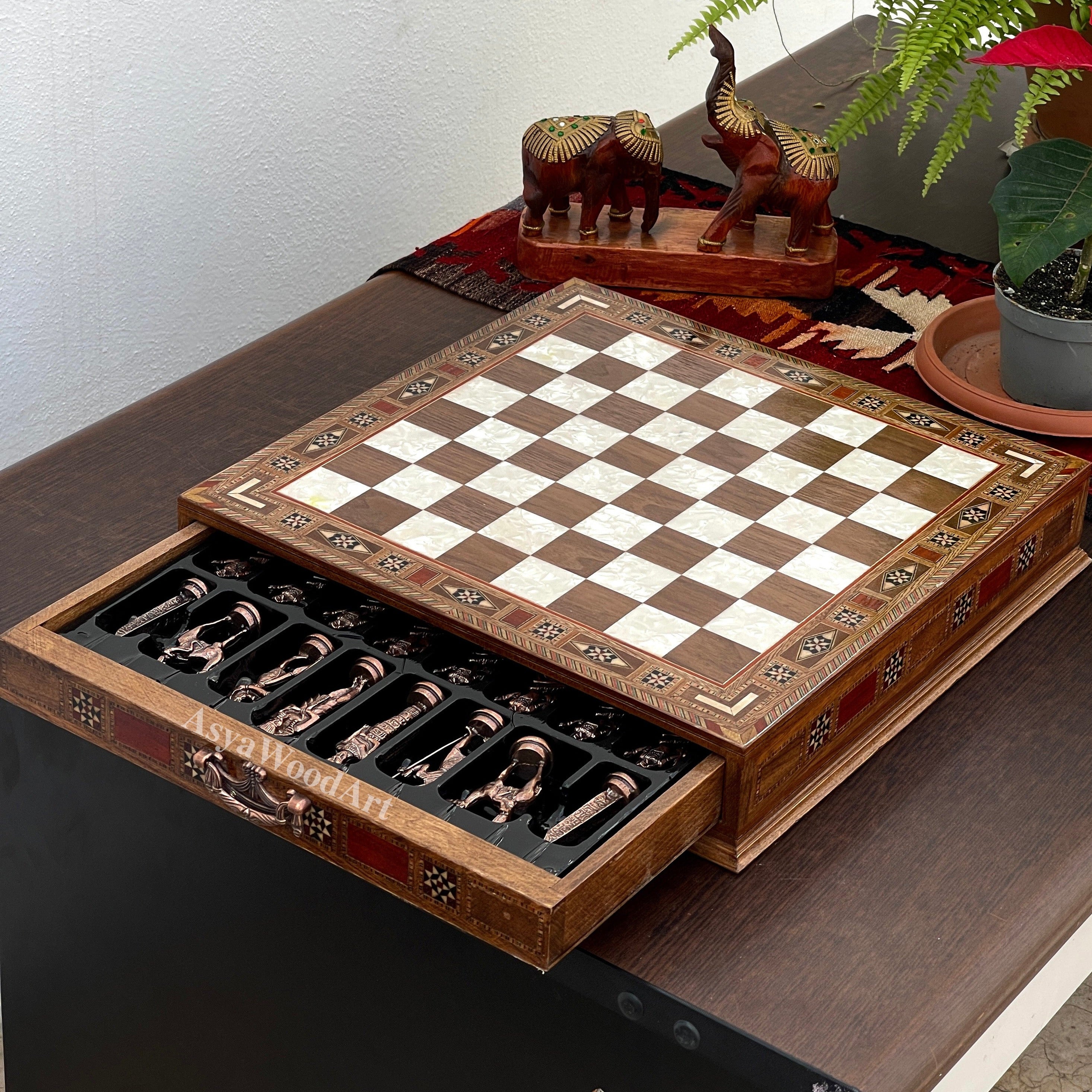 15.3" Luxury Wooden Storage Chess Board With Egyptian Metal Chess Pieces