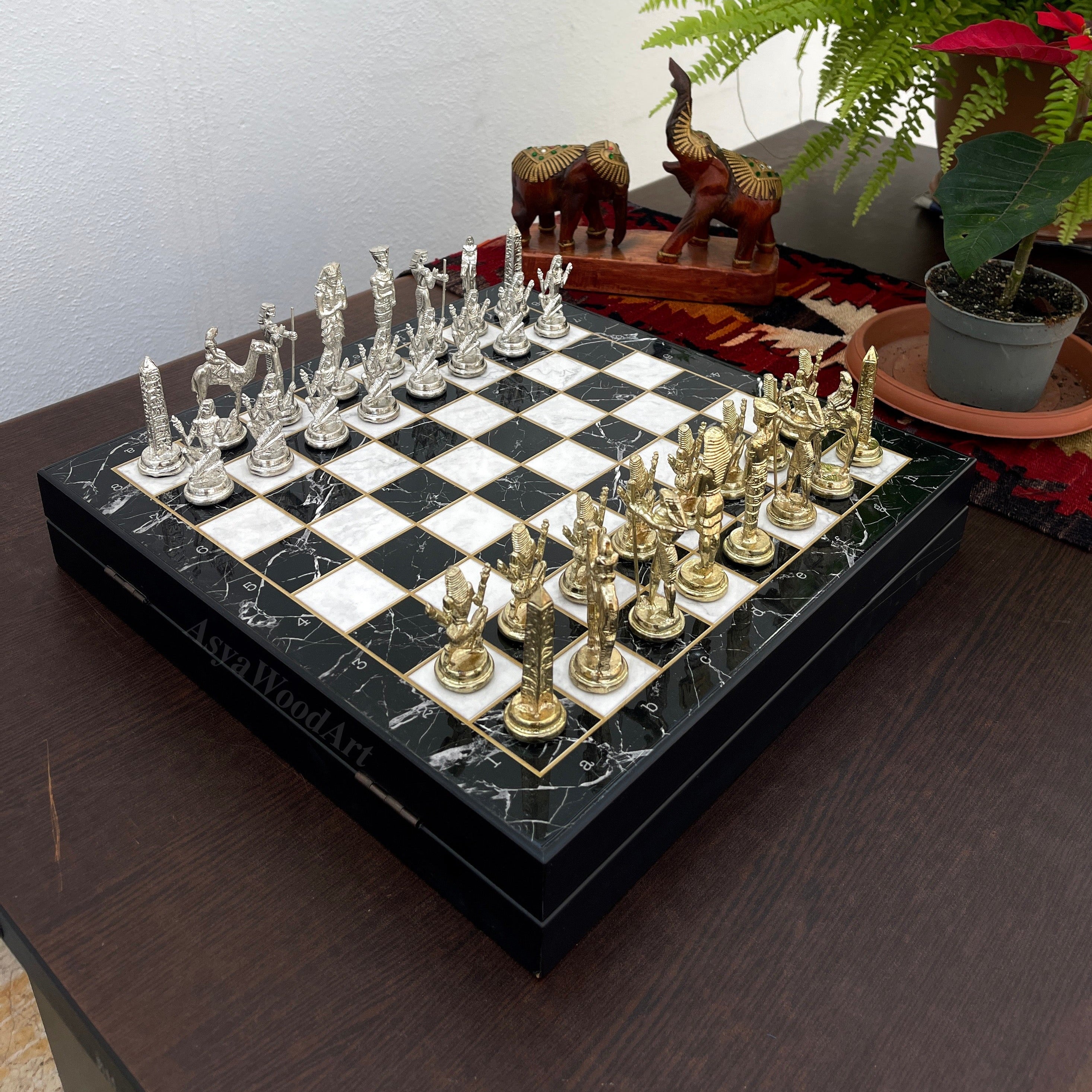 VIP Personalized Marble Patterned Chess Set With Egyptian Metal Chess Pieces