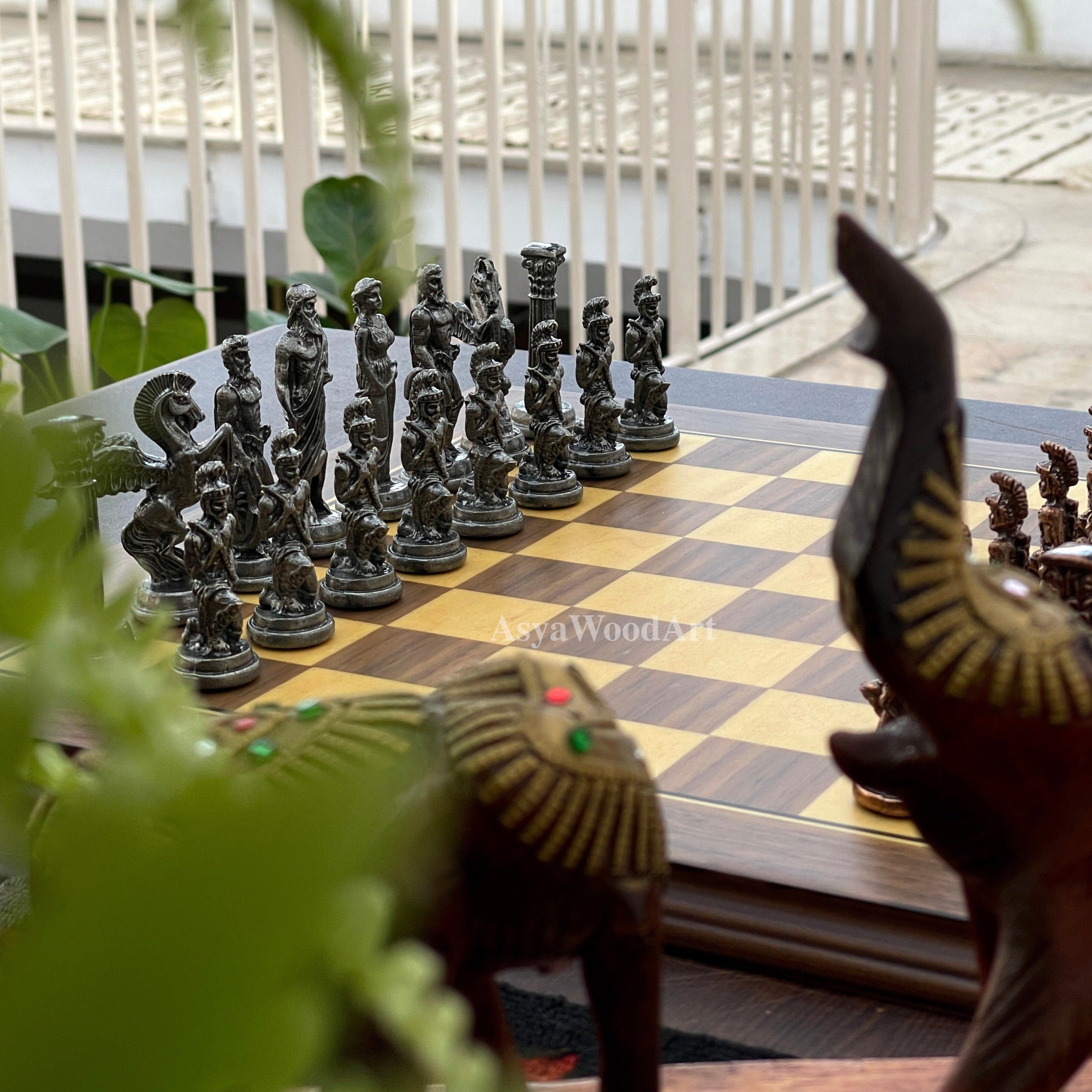 American Walnut Solid Wooden Chess Set With Pegasus Metal Chess Pieces