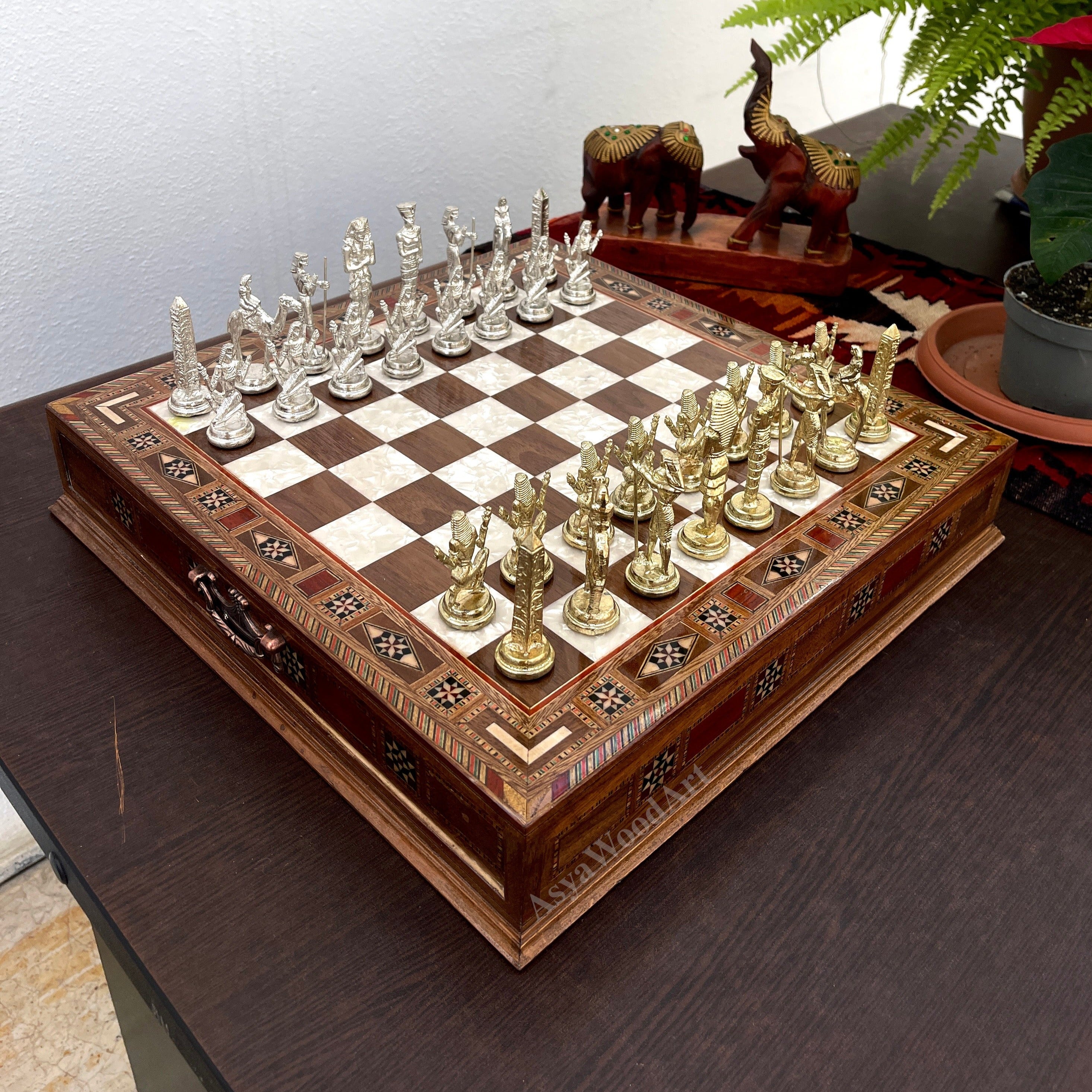 15.3" Luxury Wooden Storage Chess Board With Egyptian Metal Chess Pieces