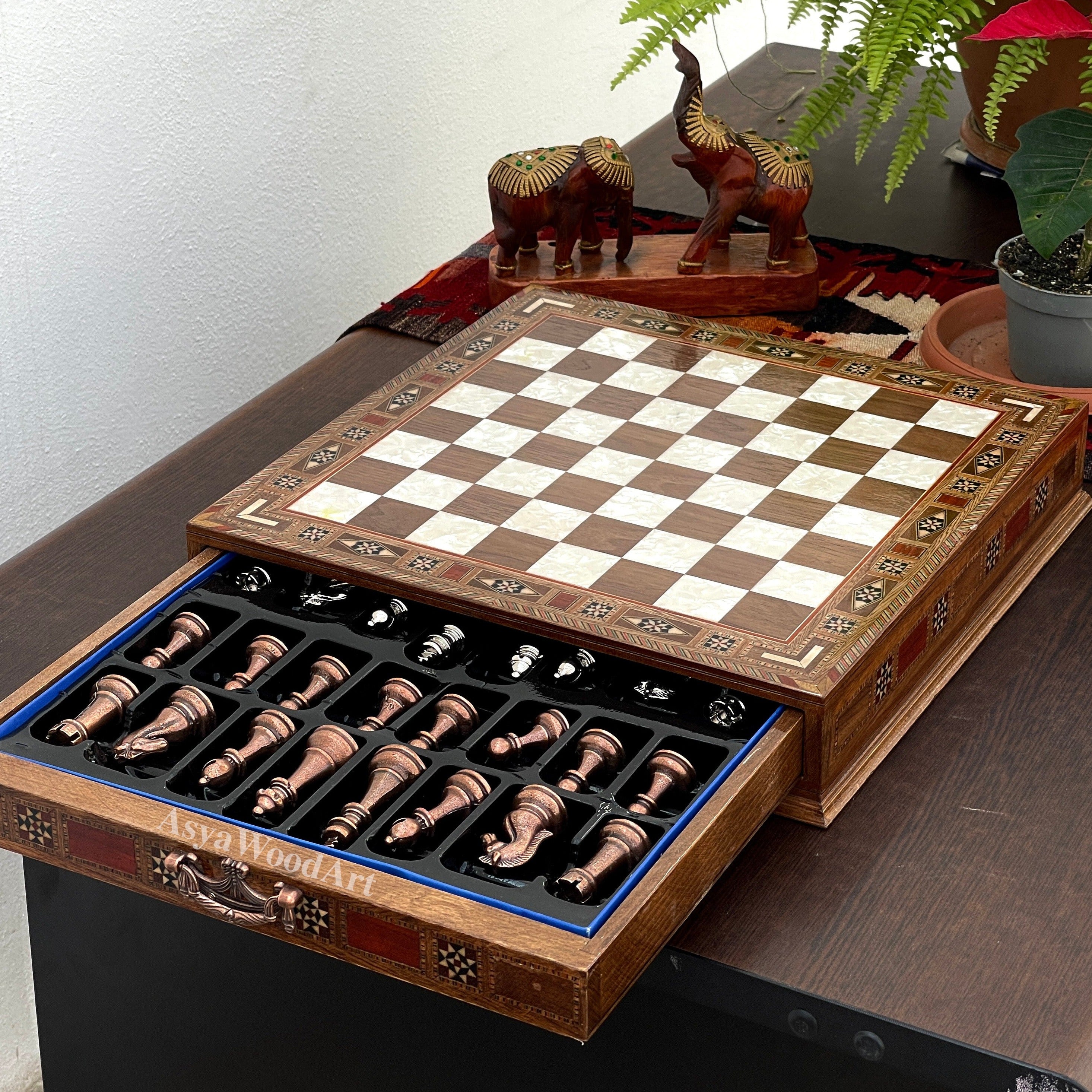 15.3" Luxury Wooden Storage Chess Board With Classic Metal Chess Pieces