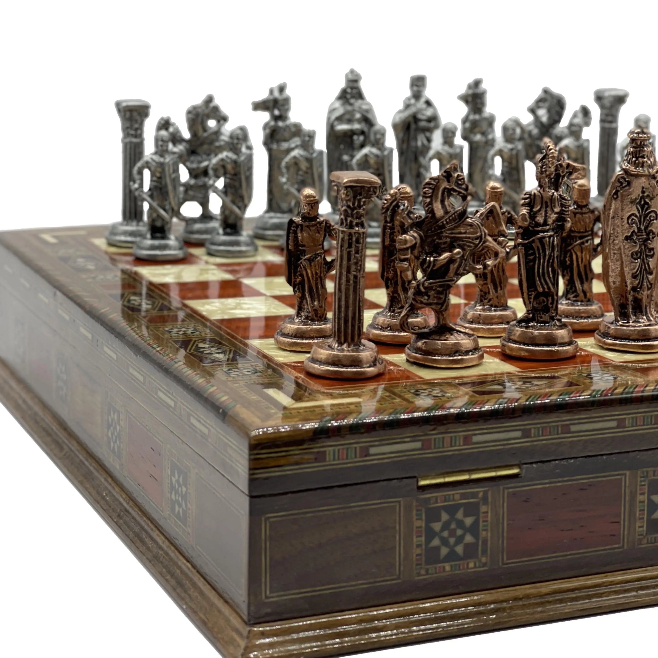 Handmade Rosewood Wooden Boxed Chess Set with British Metal Chess Pieces - AsyaWoodArt