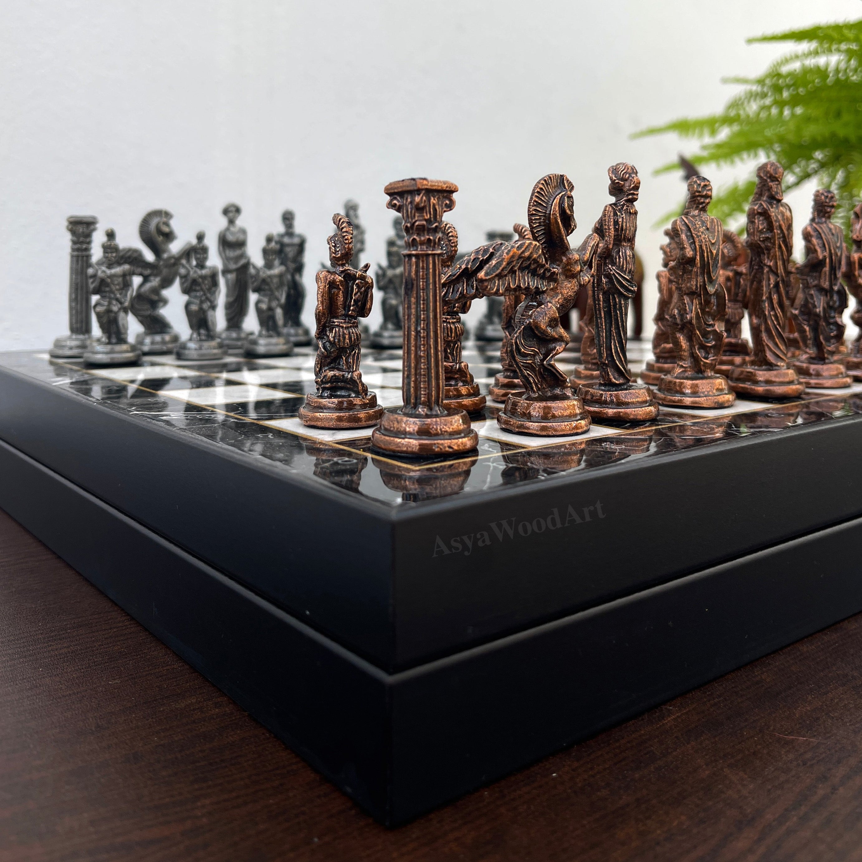 VIP Personalized Marble Patterned Chess Set With Pegasus Metal Chess Pieces