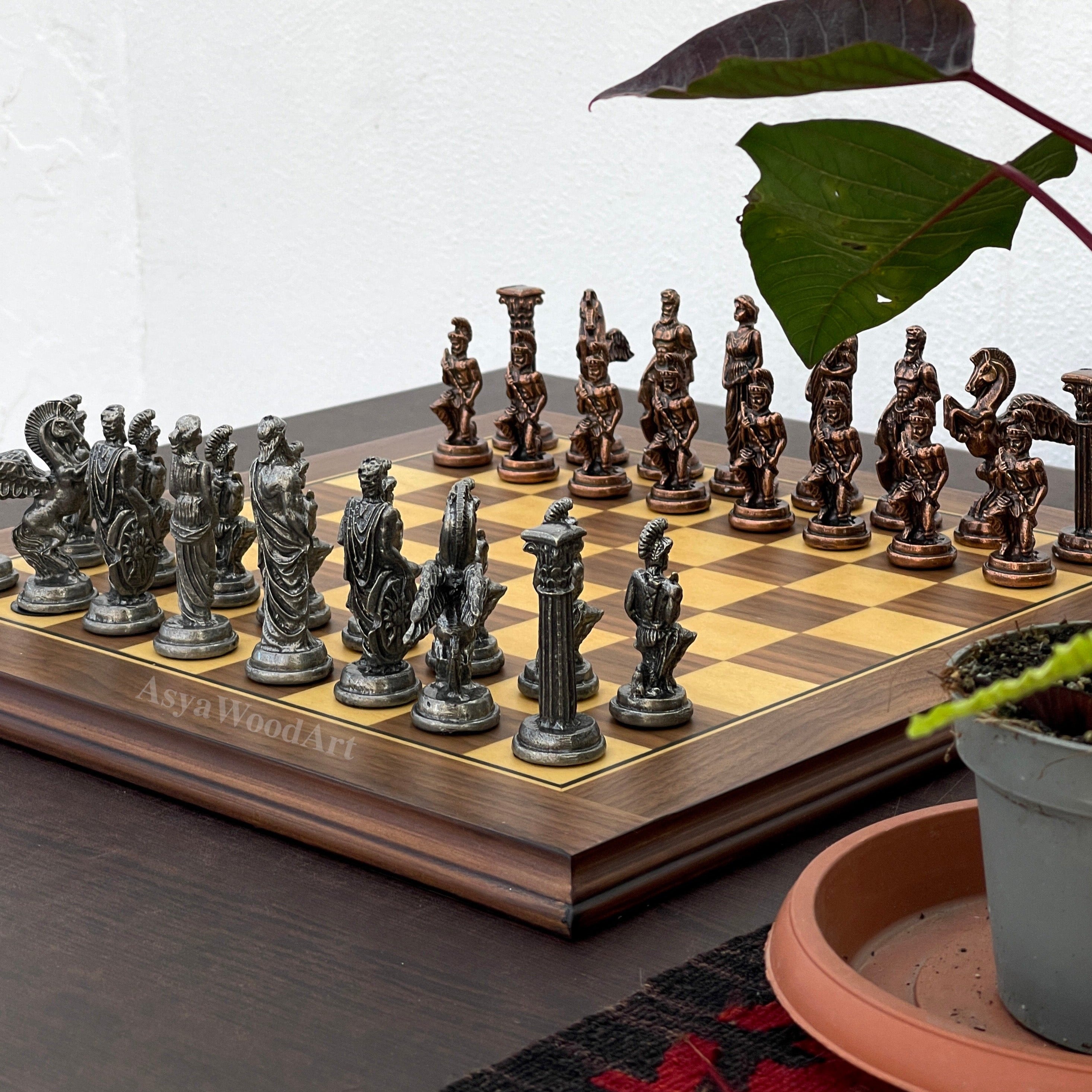 American Walnut Solid Wooden Chess Set With Pegasus Metal Chess Pieces