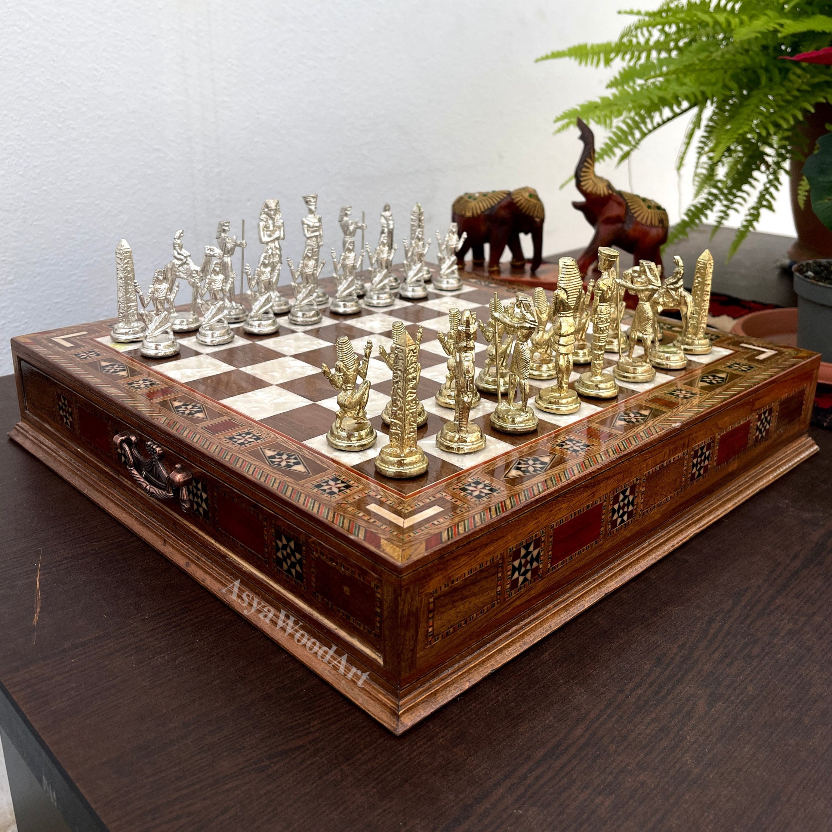 15.3" Luxury Wooden Storage Chess Board With Egyptian Metal Chess Pieces