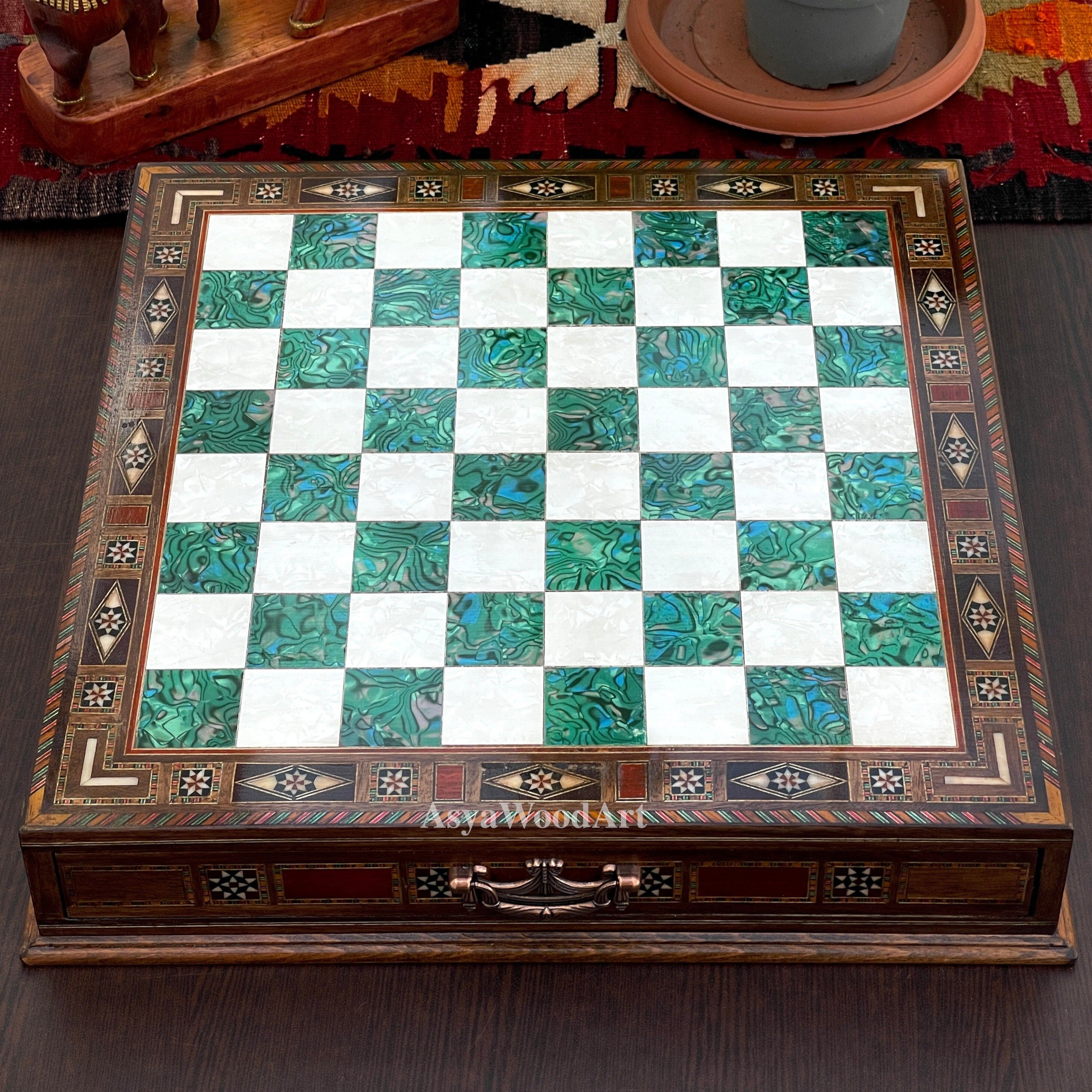 15.3" Luxury Wooden Storage Chess Board With Pegasus Metal Chess Pieces