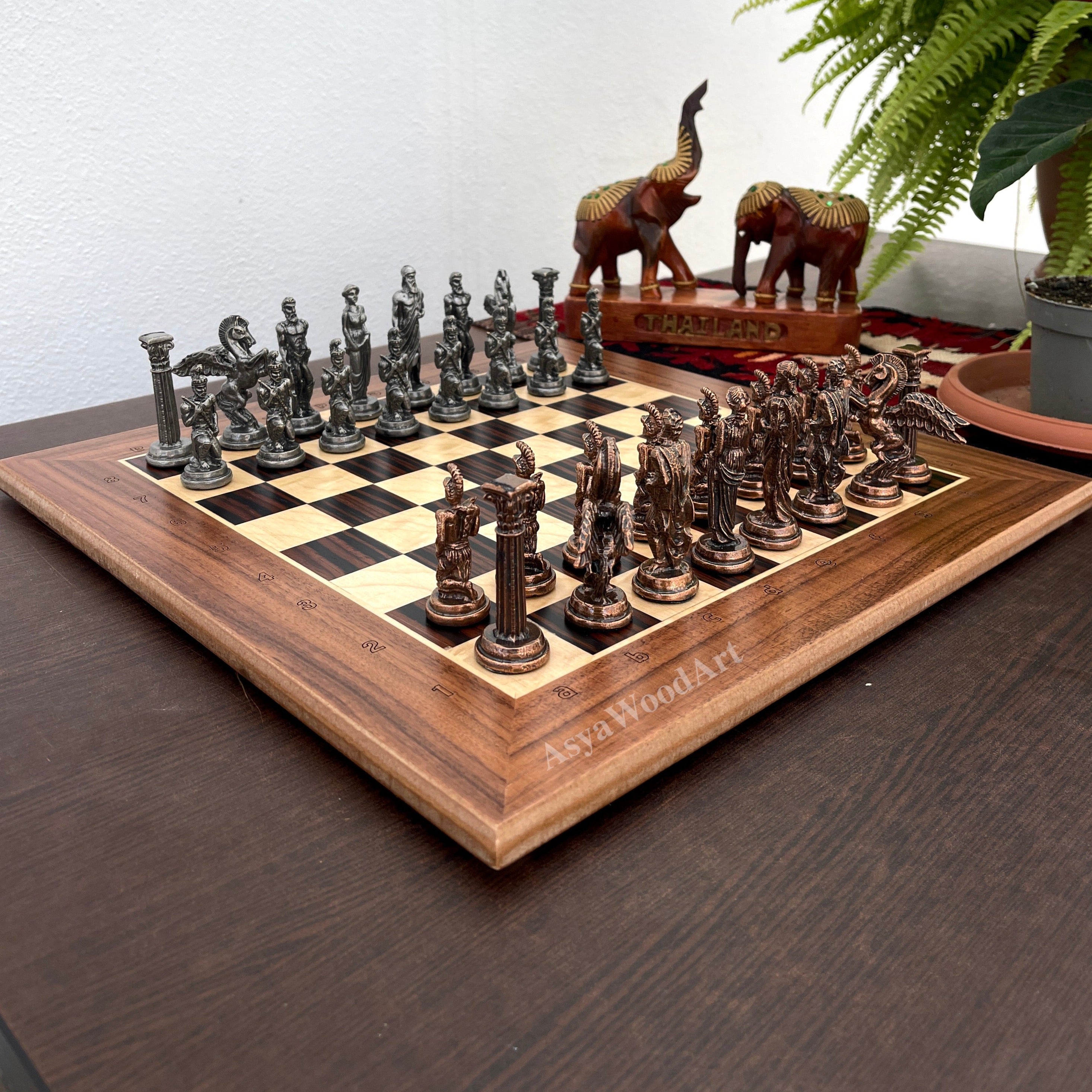 15.3" Massive Solid Wooden Chess Board With Pegasus Metal Chess Pieces