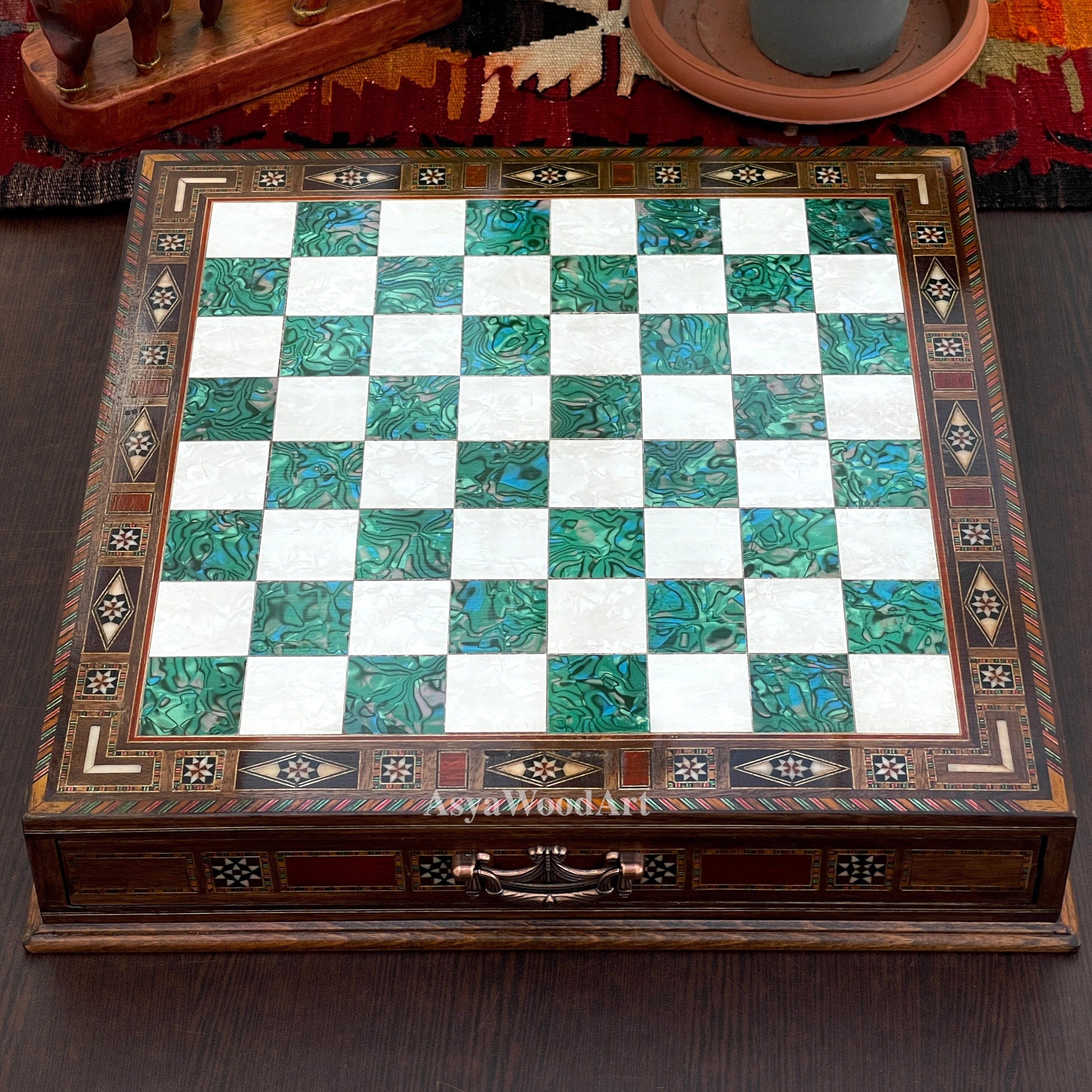 15.3" Luxury Wooden Storage Chess Board With Pegasus Metal Chess Pieces