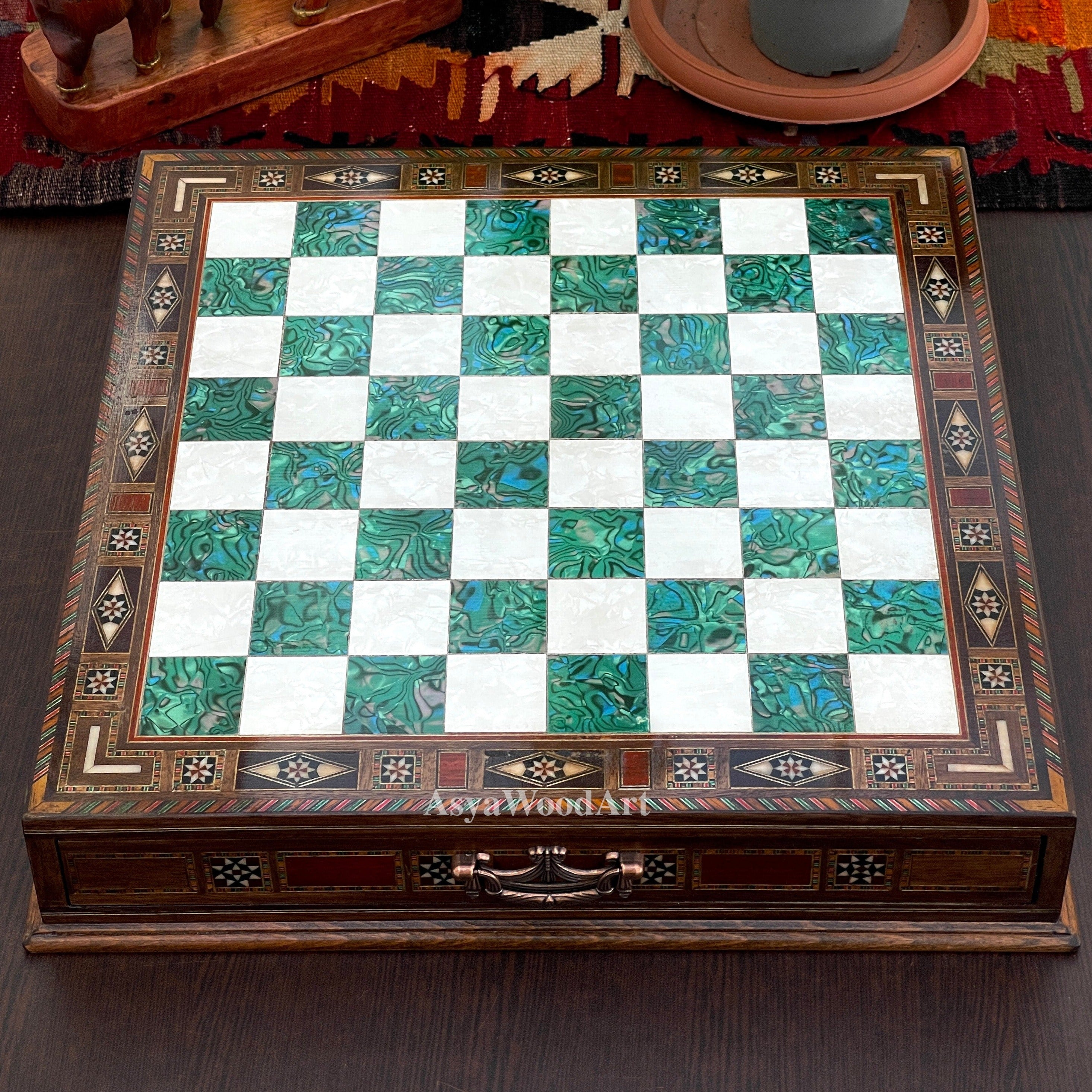 15.3" Luxury Wooden Storage Chess Board With Egyptian Metal Chess Pieces