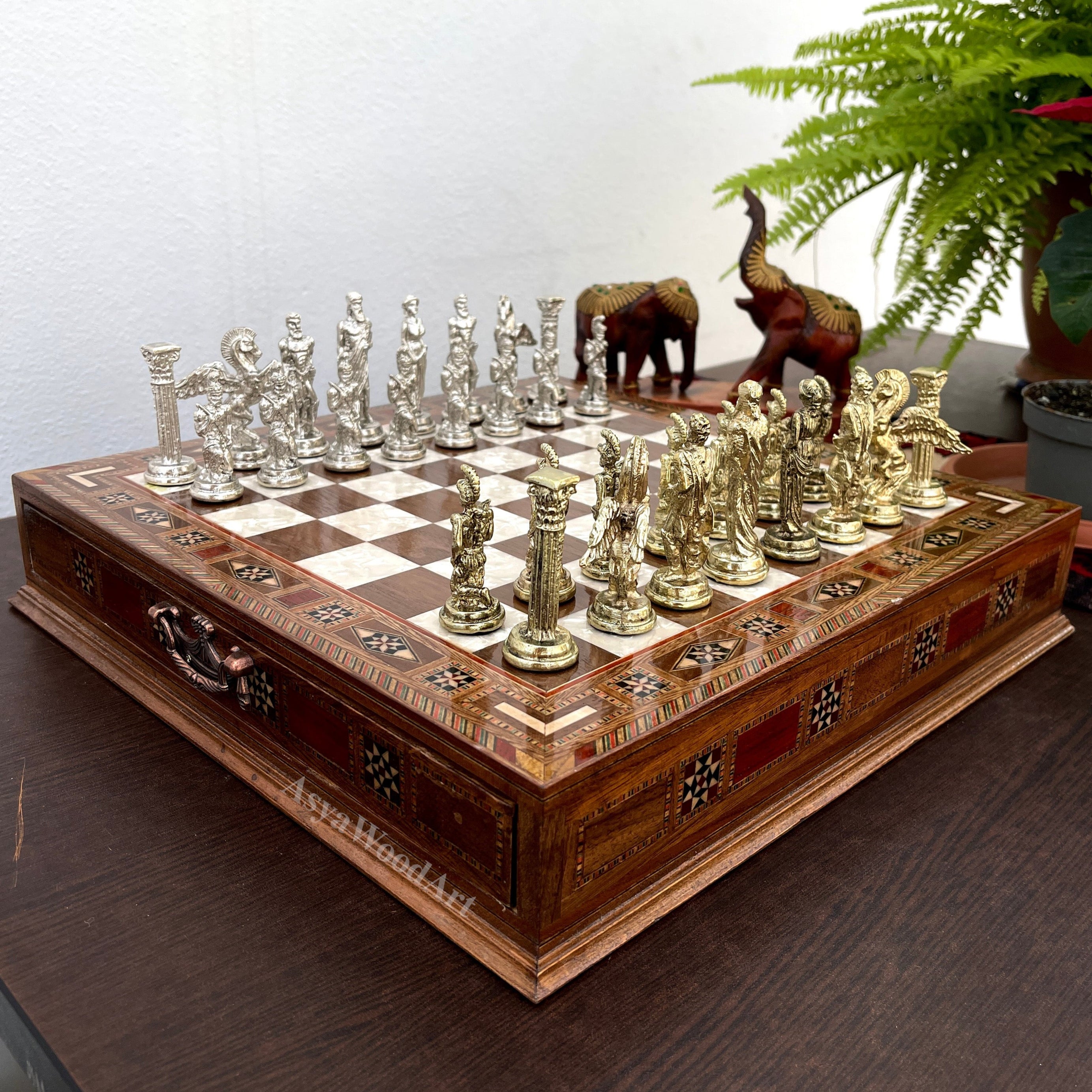 15.3" Luxury Wooden Storage Chess Board With Pegasus Metal Chess Pieces