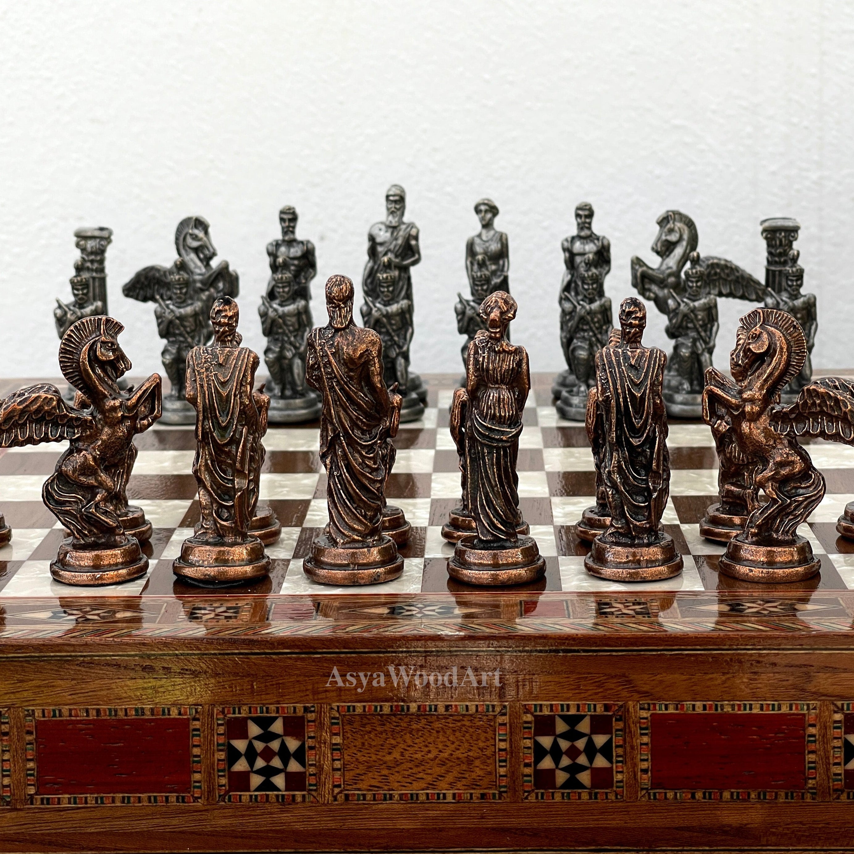 15.3" Luxury Wooden Storage Chess Board With Pegasus Metal Chess Pieces