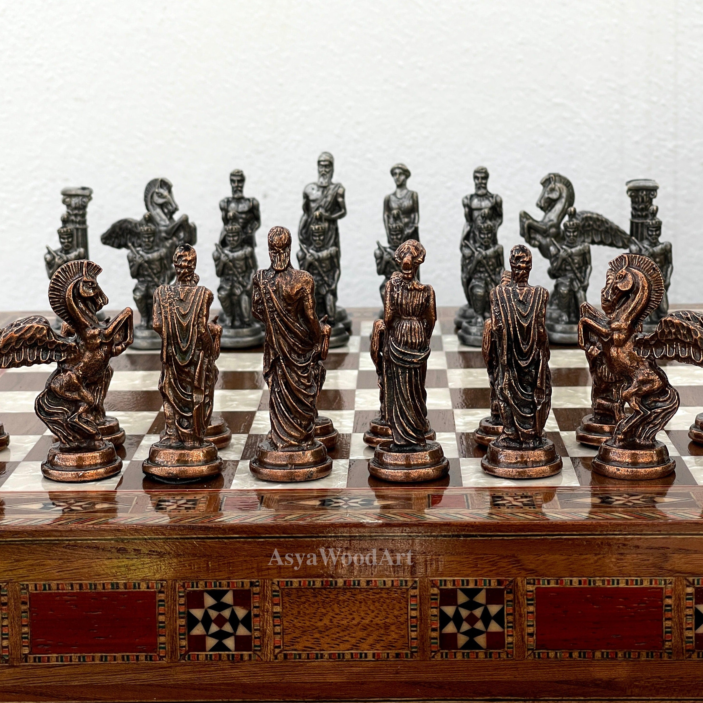 15.3" Luxury Wooden Storage Chess Board With Pegasus Metal Chess Pieces