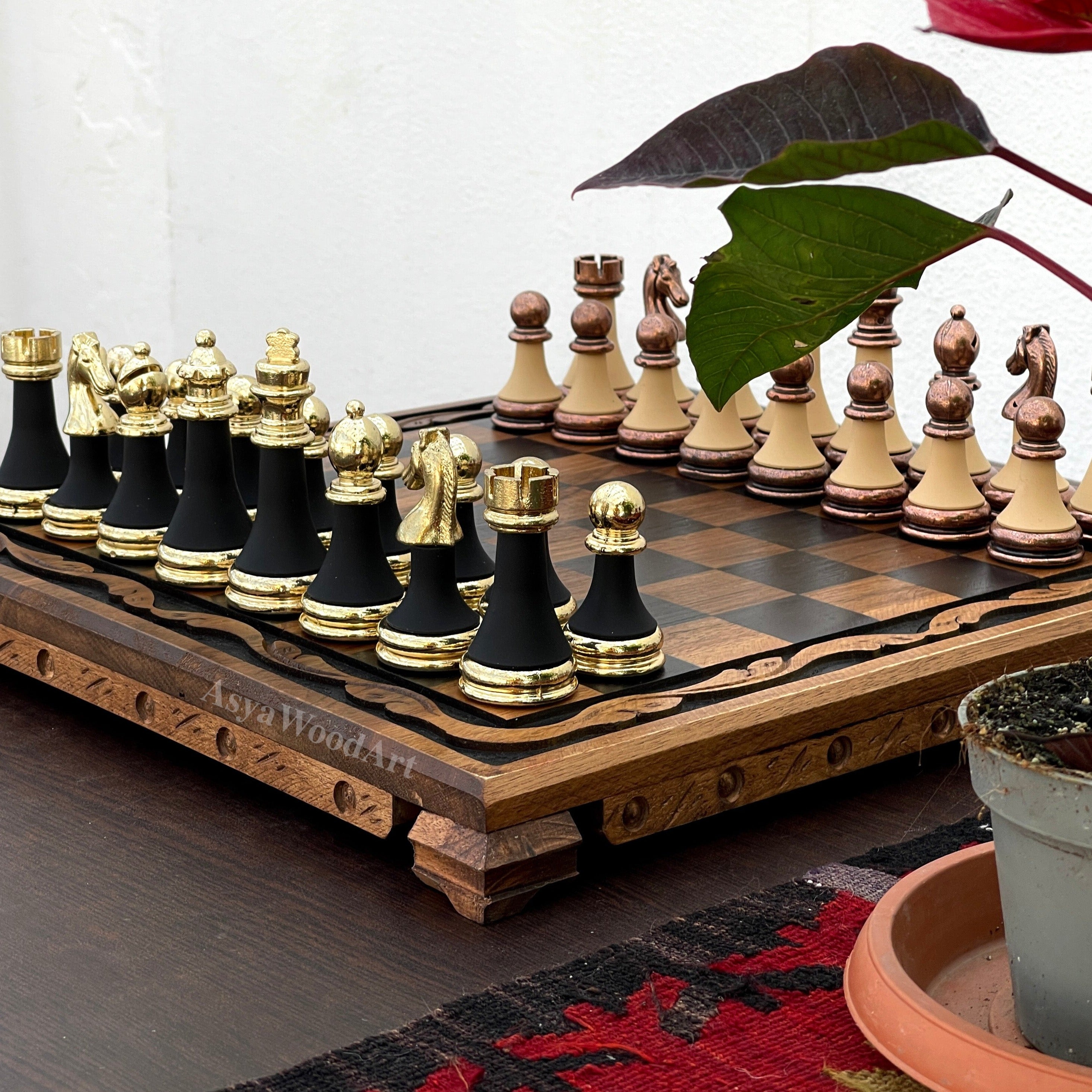 Large Walnut Wooden Chess Set with Large Special Chess Pieces