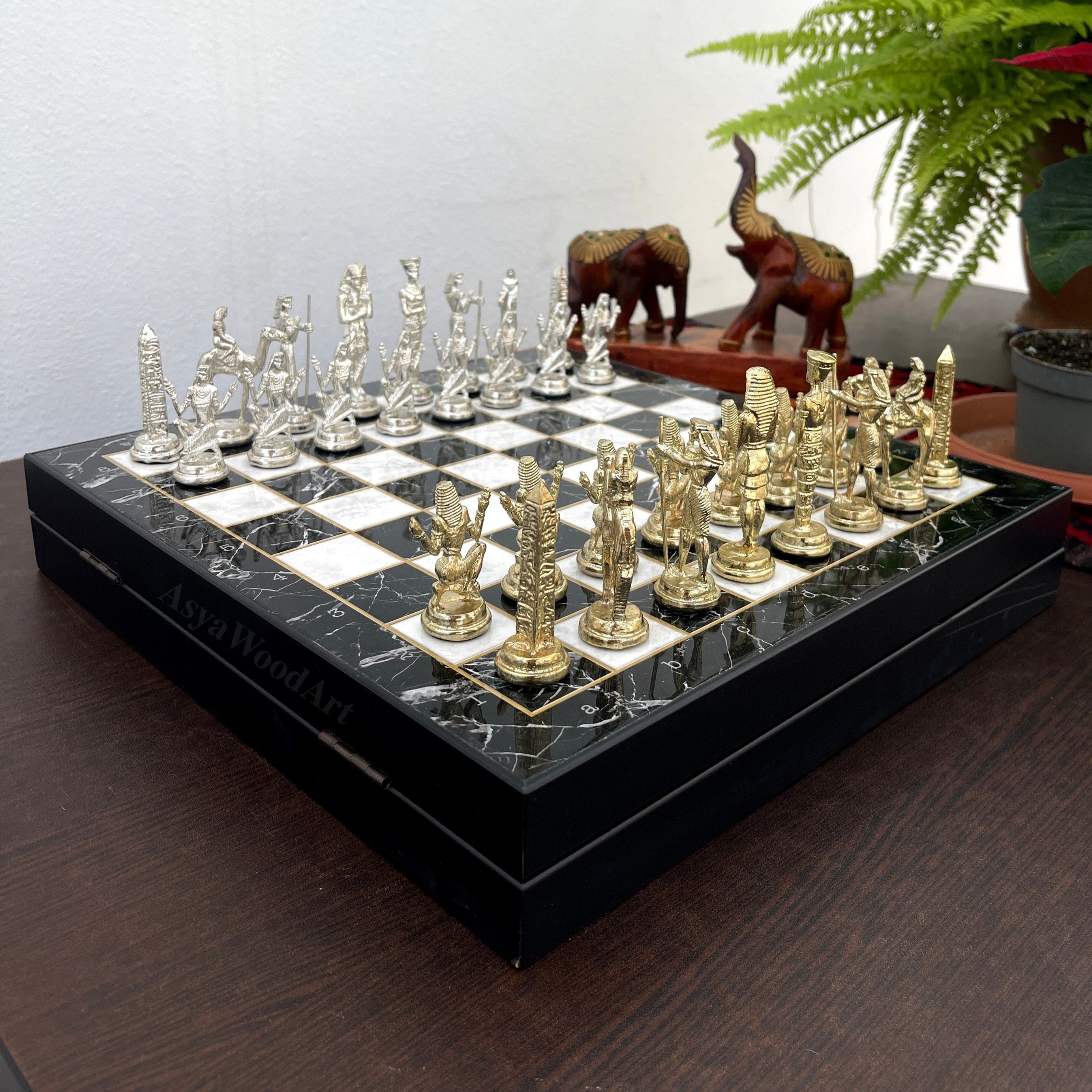 VIP Personalized Marble Patterned Chess Set With Egyptian Metal Chess Pieces