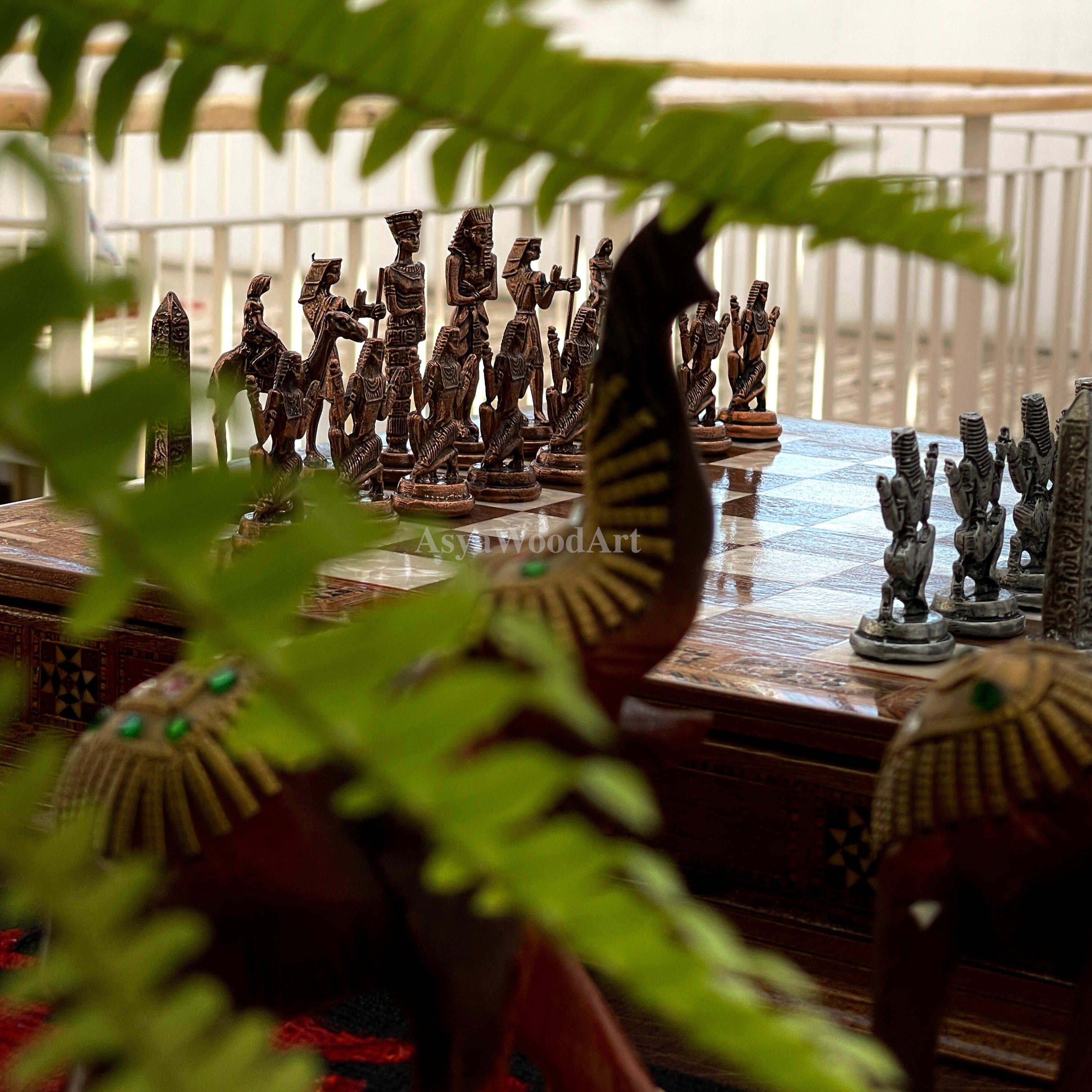 15.3" Luxury Wooden Storage Chess Board With Egyptian Metal Chess Pieces