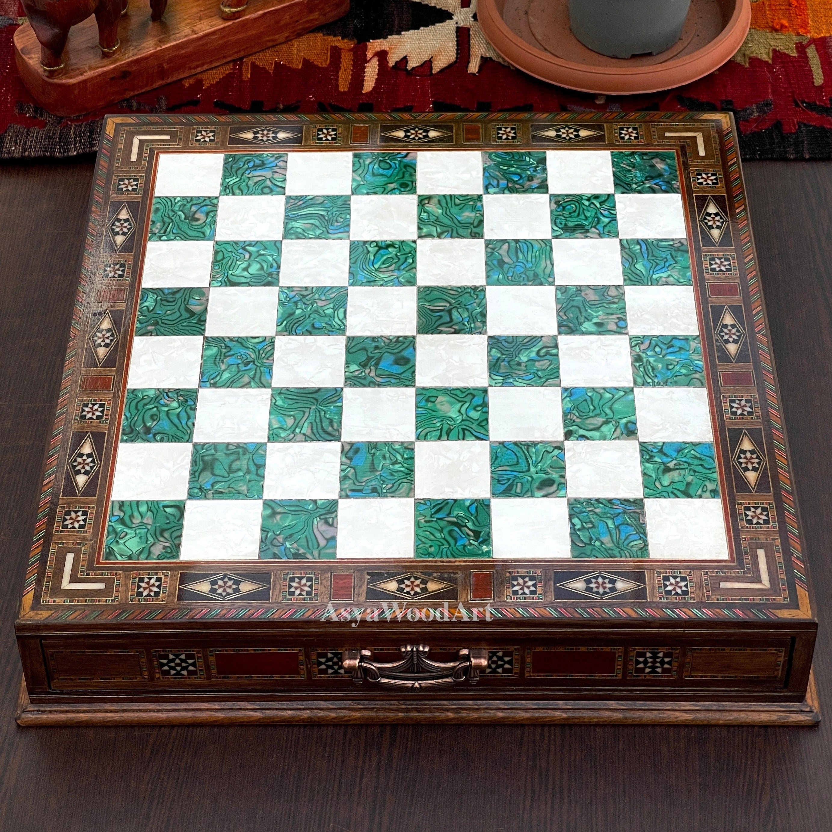 15.3" Luxury Wooden Storage Chess Board with Classic Metal Chess Pieces