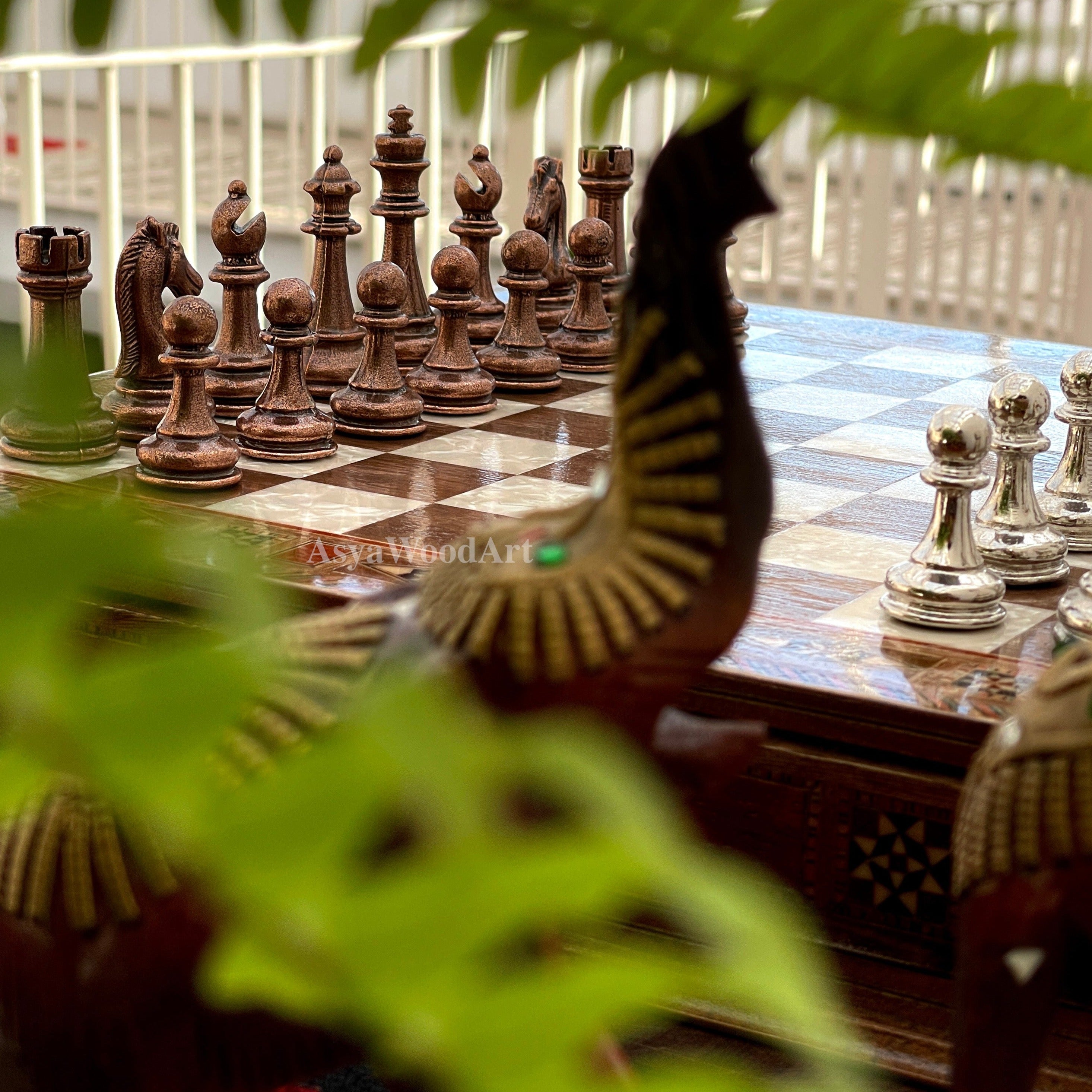 15.3" Luxury Wooden Storage Chess Board With Classic Metal Chess Pieces