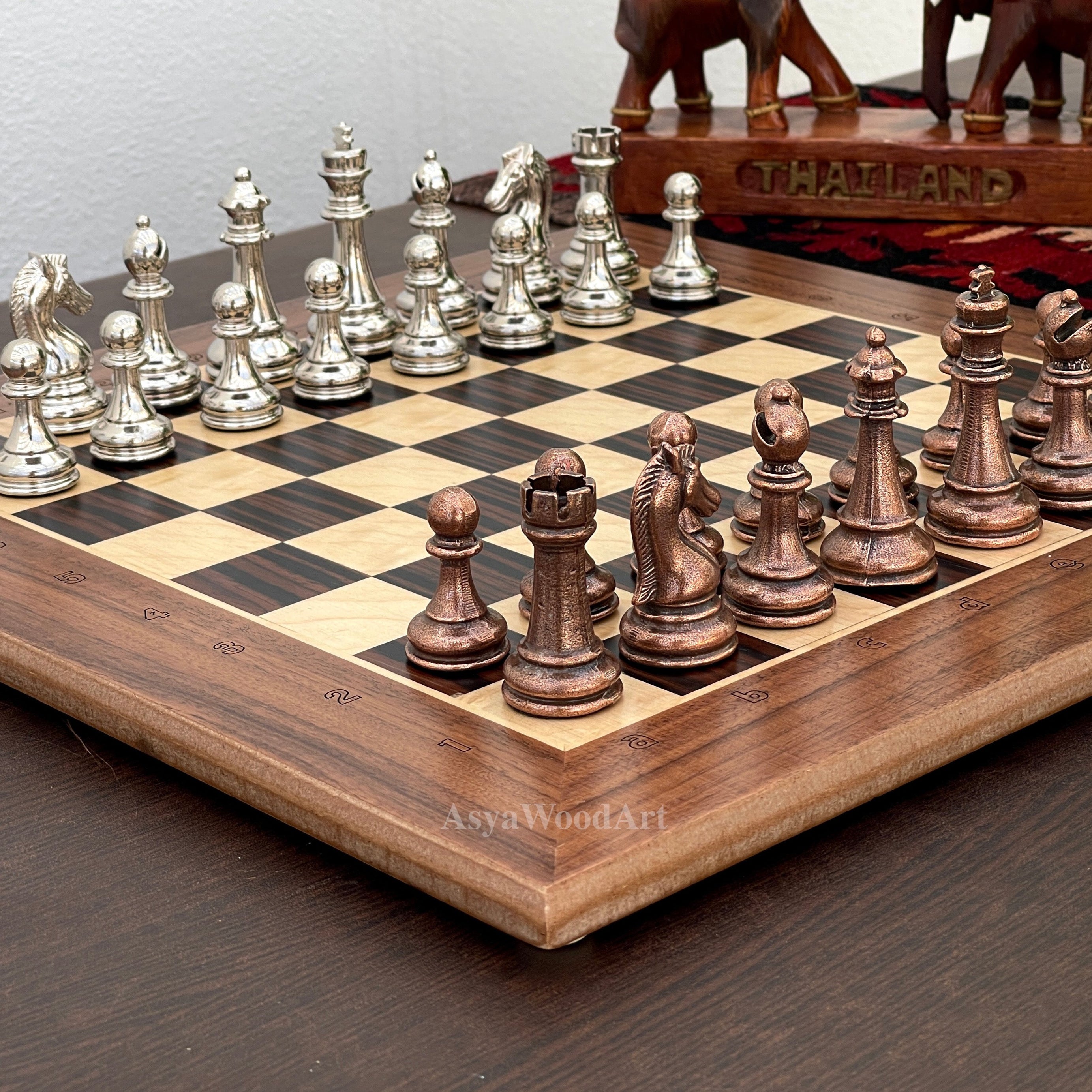 15.3" Massive Solid Wooden Chess Board with Classic Metal Chess Pieces