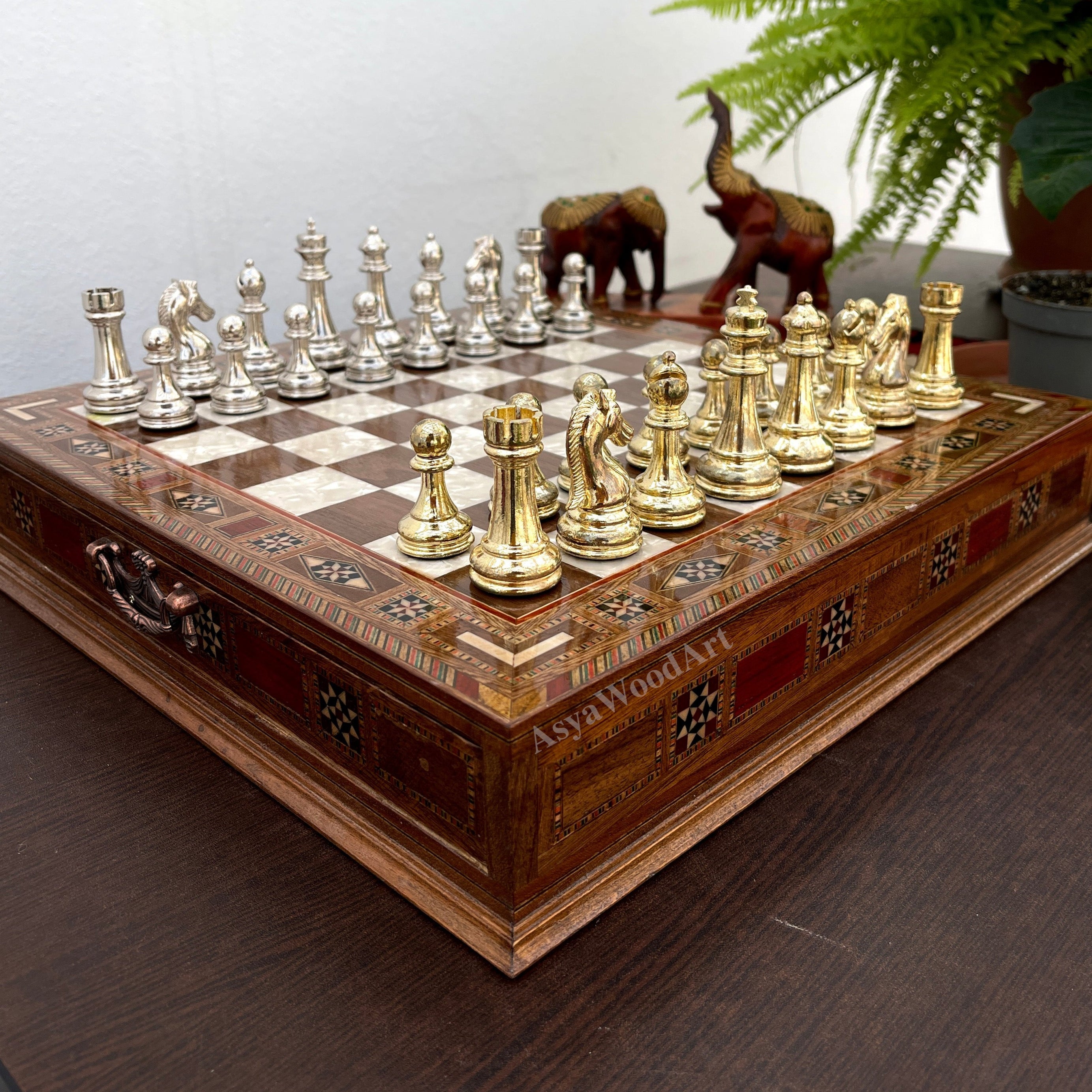 15.3" Luxury Wooden Storage Chess Board with Classic Metal Chess Pieces