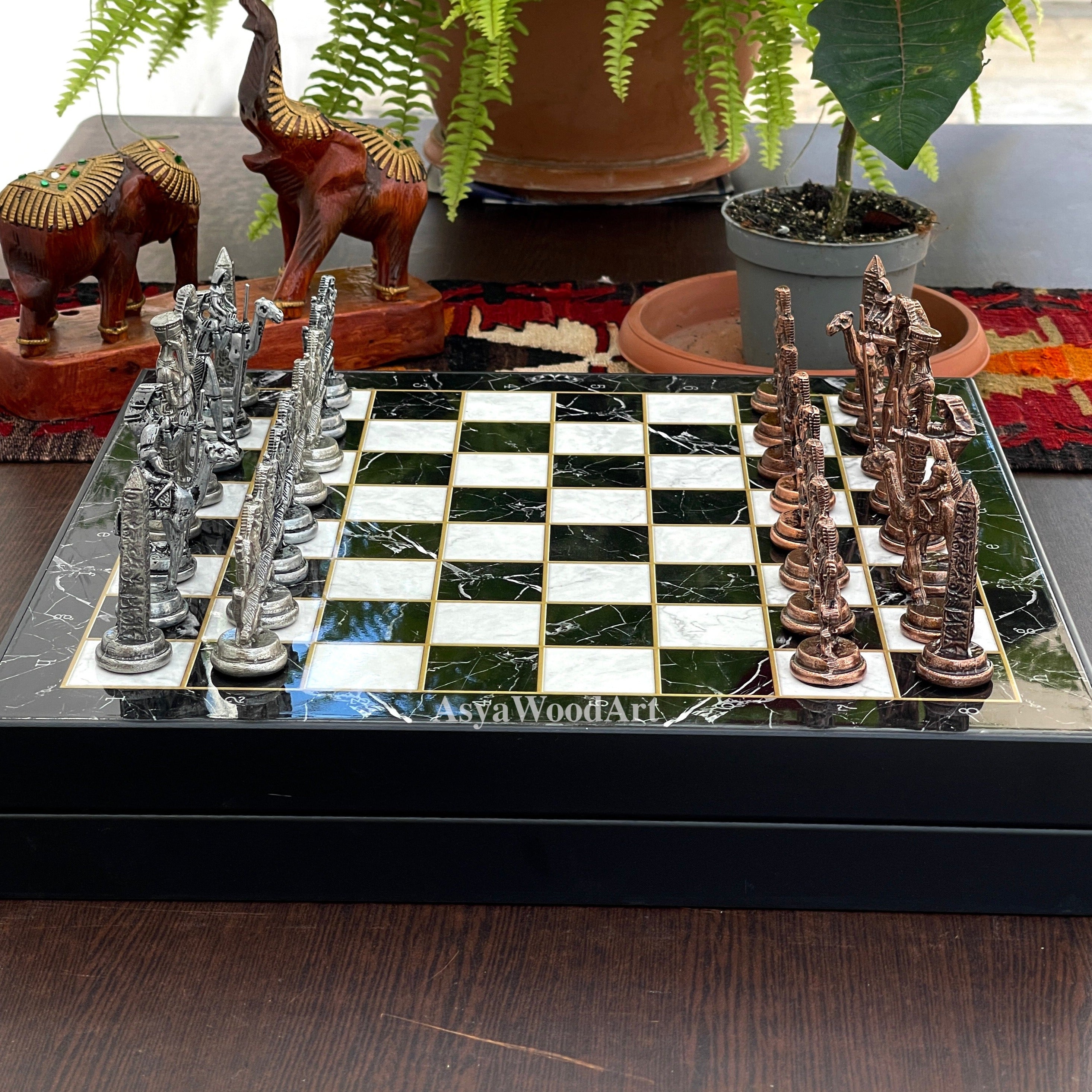 VIP Personalized Marble Patterned Chess Set With Egyptian Metal Chess Pieces