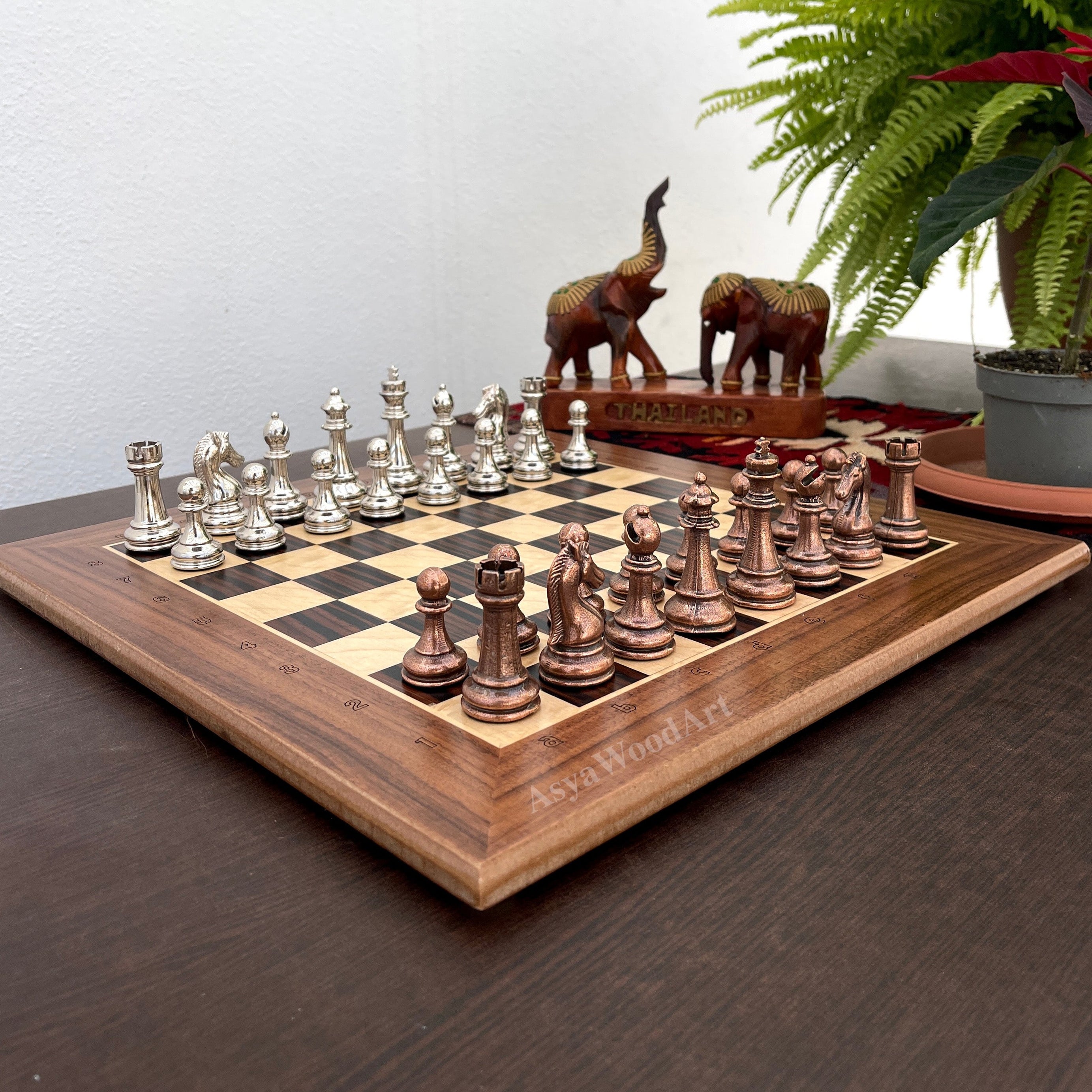 15.3" Massive Solid Wooden Chess Board with Classic Metal Chess Pieces