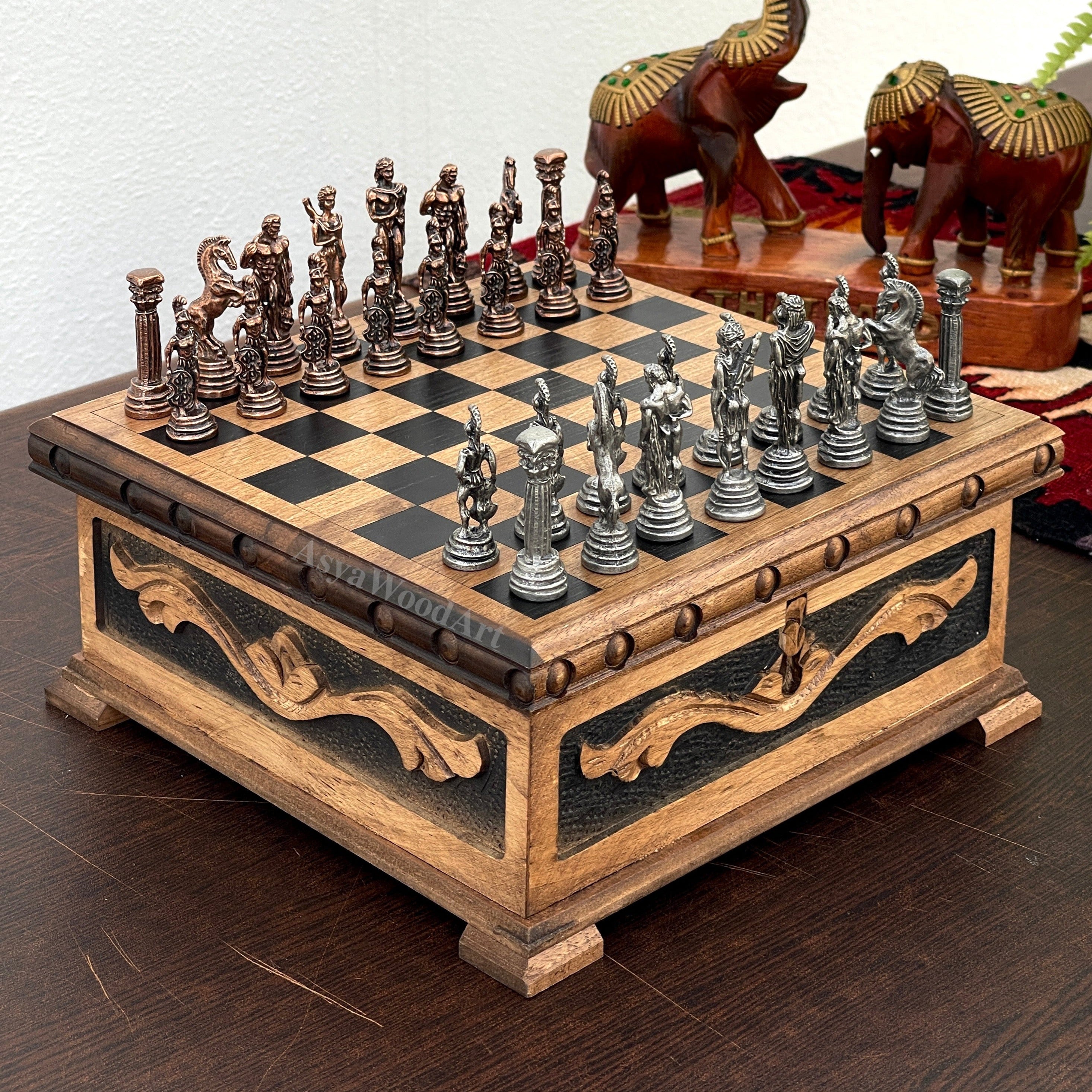 Personalized Boxed Puzzle Chess Set With Hidden Compartment With Chess Board