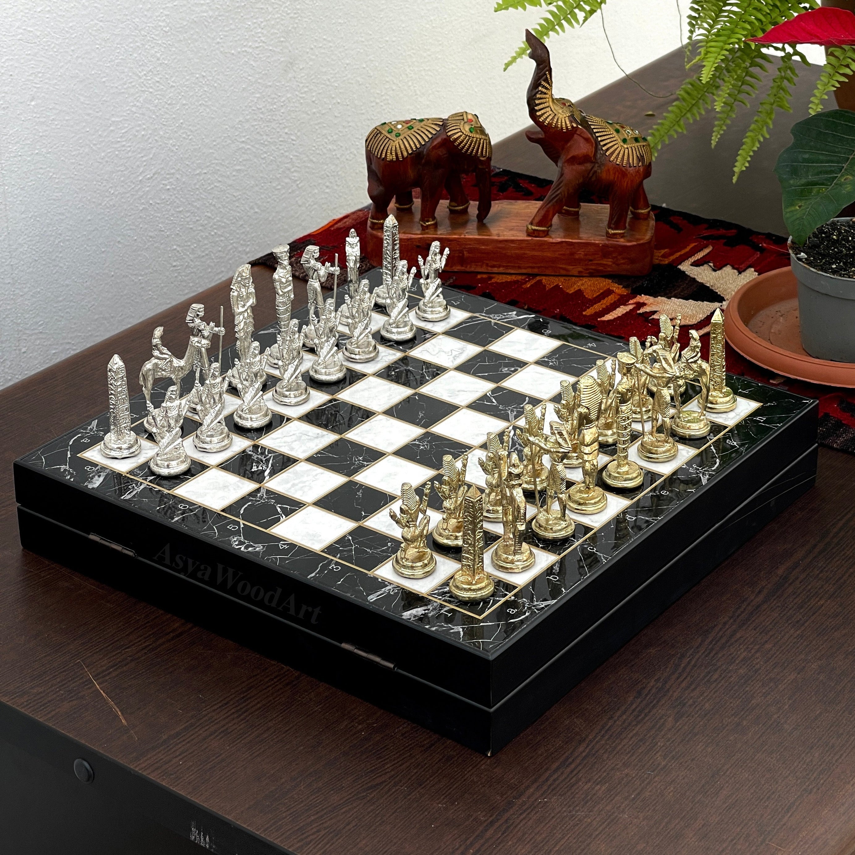 VIP Personalized Marble Patterned Chess Set With Egyptian Metal Chess Pieces