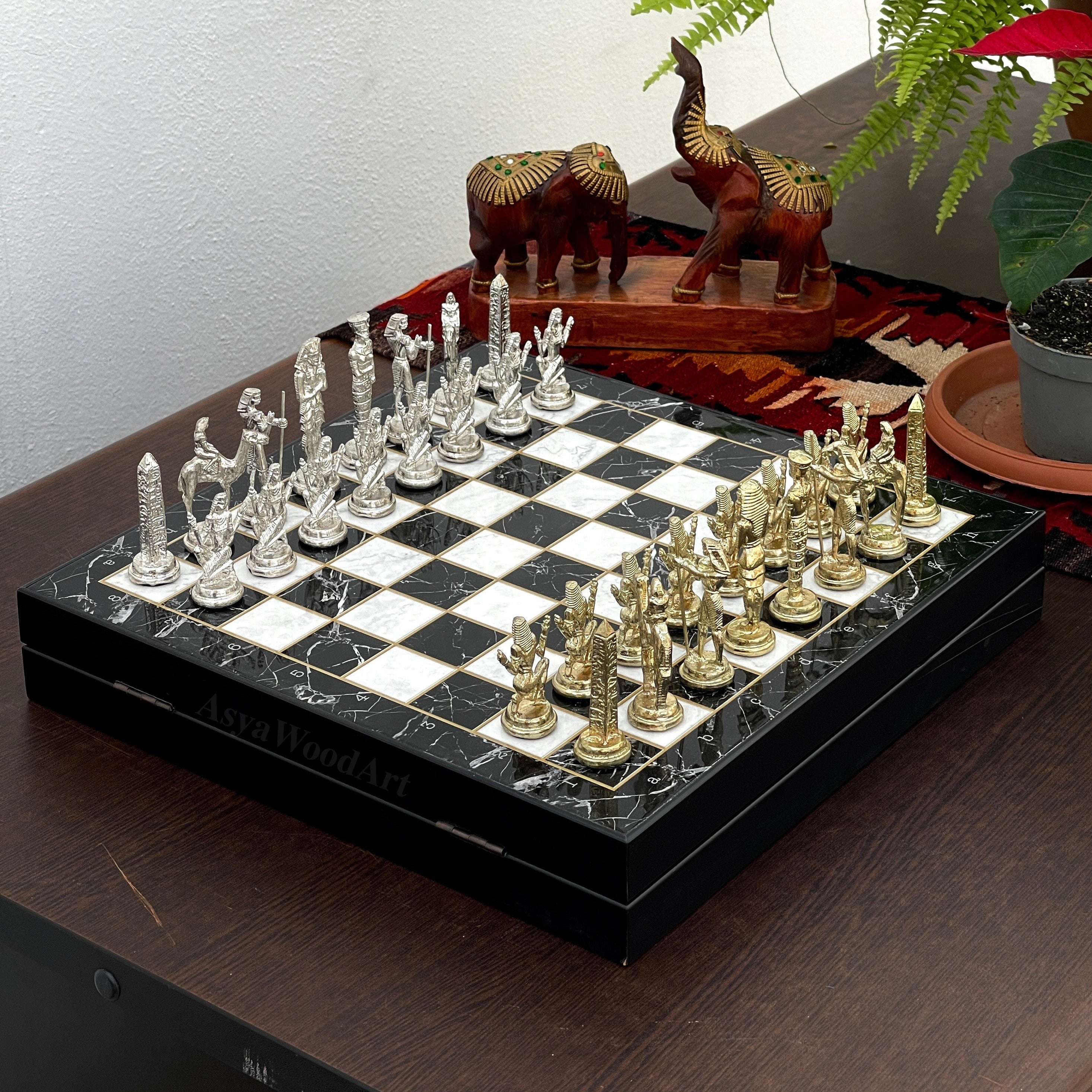 VIP Personalized Marble Patterned Chess Set With Egyptian Metal Chess Pieces