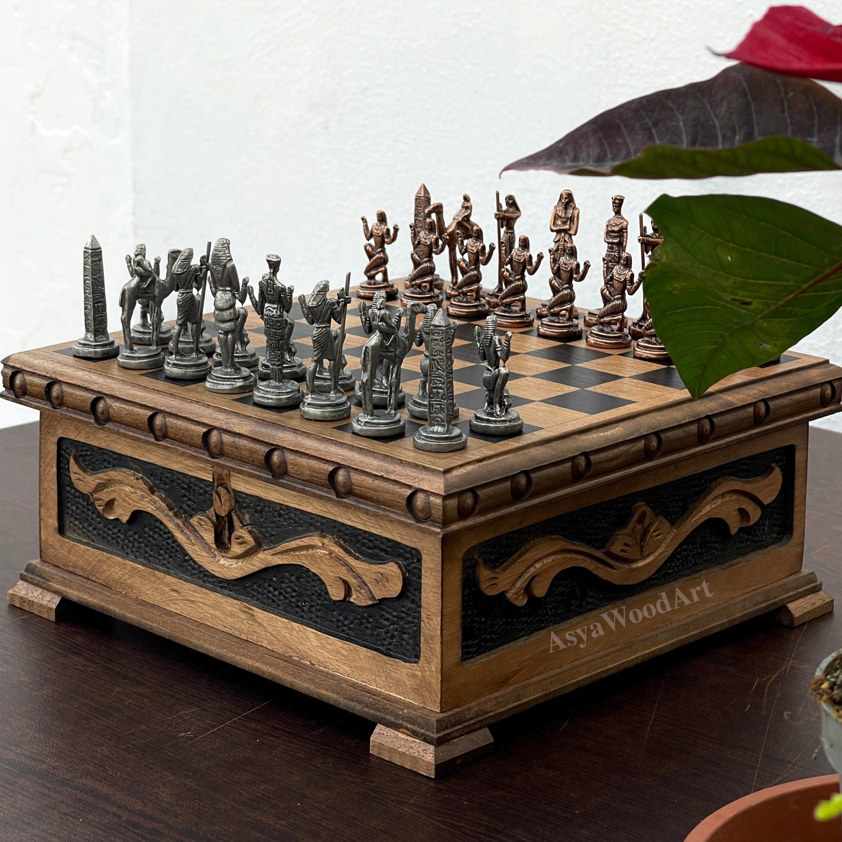 Personalized Boxed Puzzle Chess Set with Hidden Compartment with Chess Board