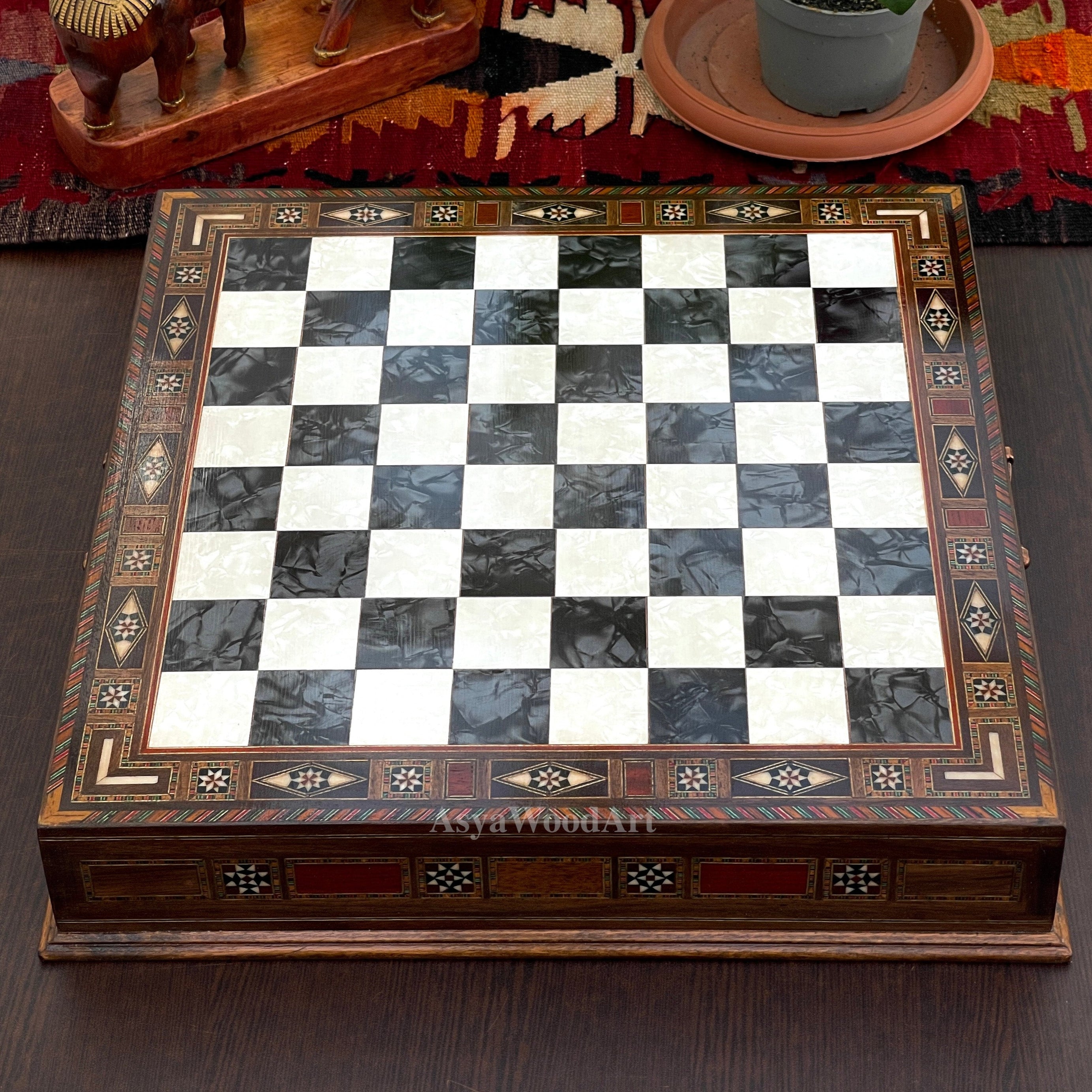 15.3" Luxury Wooden Storage Chess Board With Pegasus Metal Chess Pieces