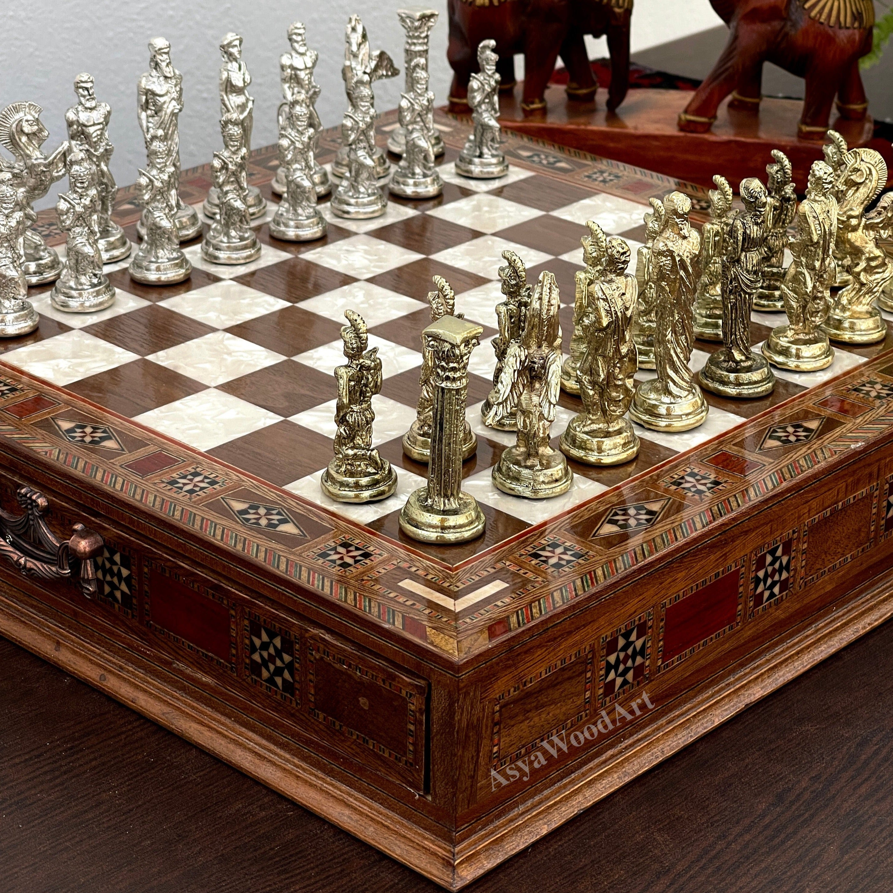 15.3" Luxury Wooden Storage Chess Board With Pegasus Metal Chess Pieces