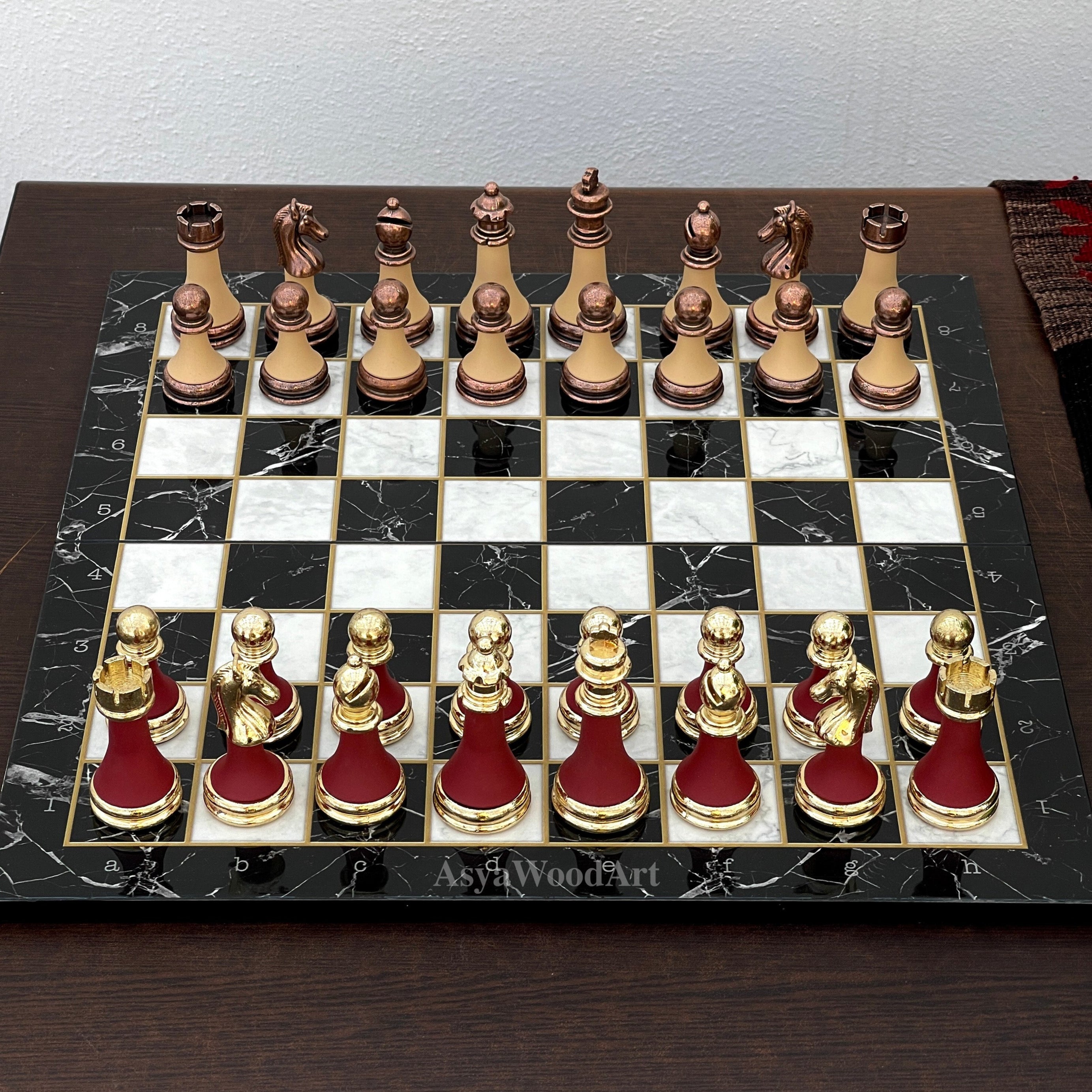 Large Marble Patterned Wooden Chess Set with Large Unique Chess Pieces