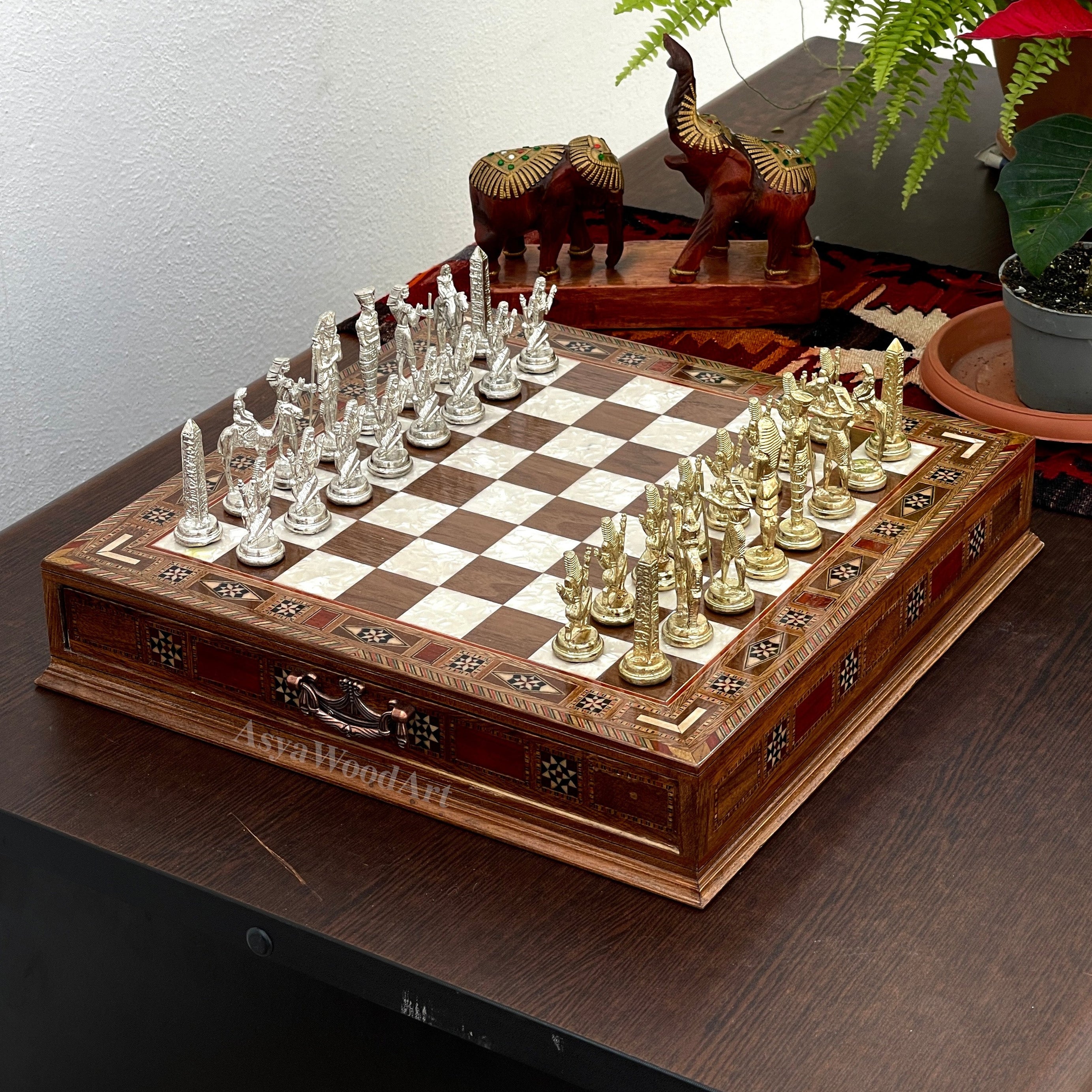 15.3" Luxury Wooden Storage Chess Board With Egyptian Metal Chess Pieces
