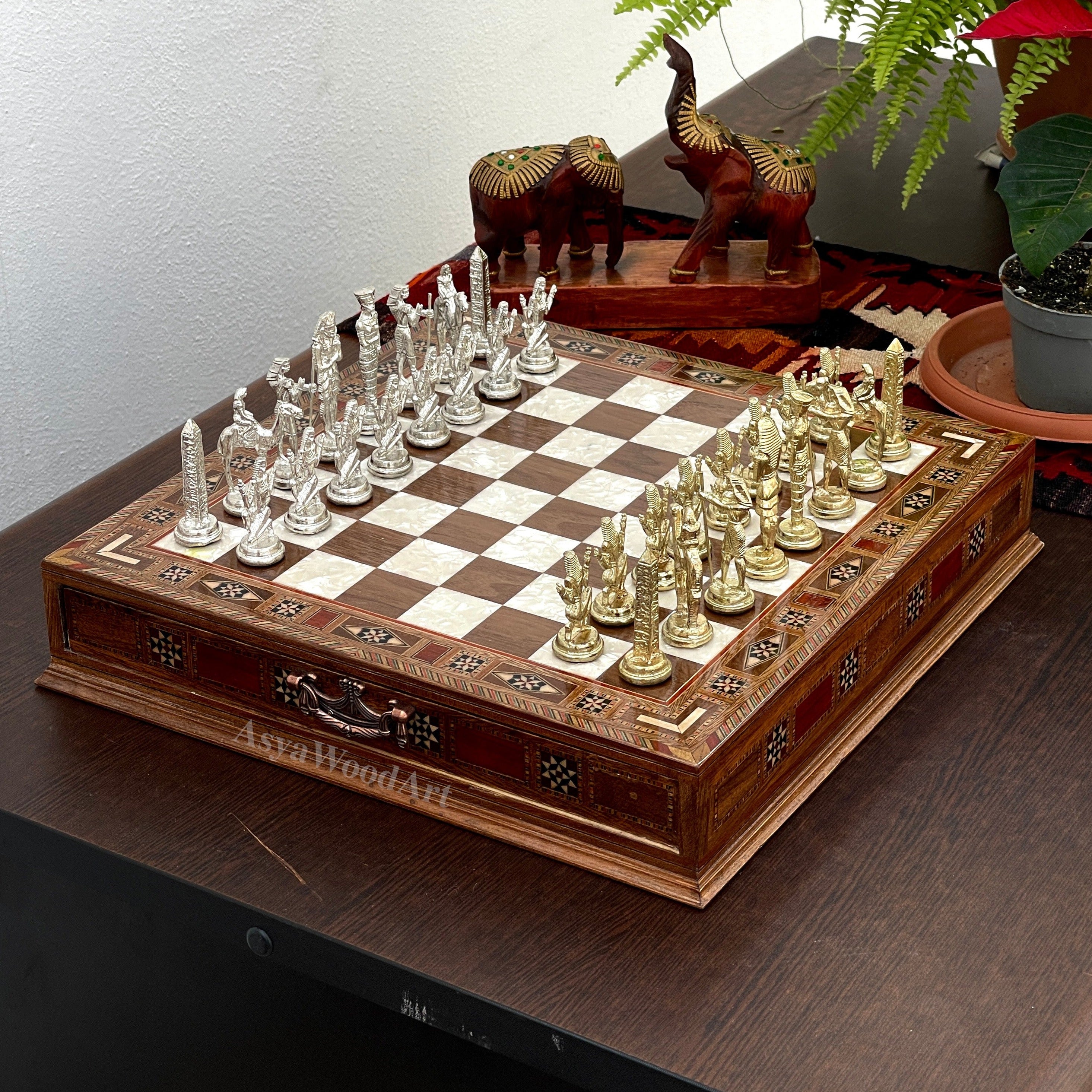 15.3" Luxury Wooden Storage Chess Board With Egyptian Metal Chess Pieces
