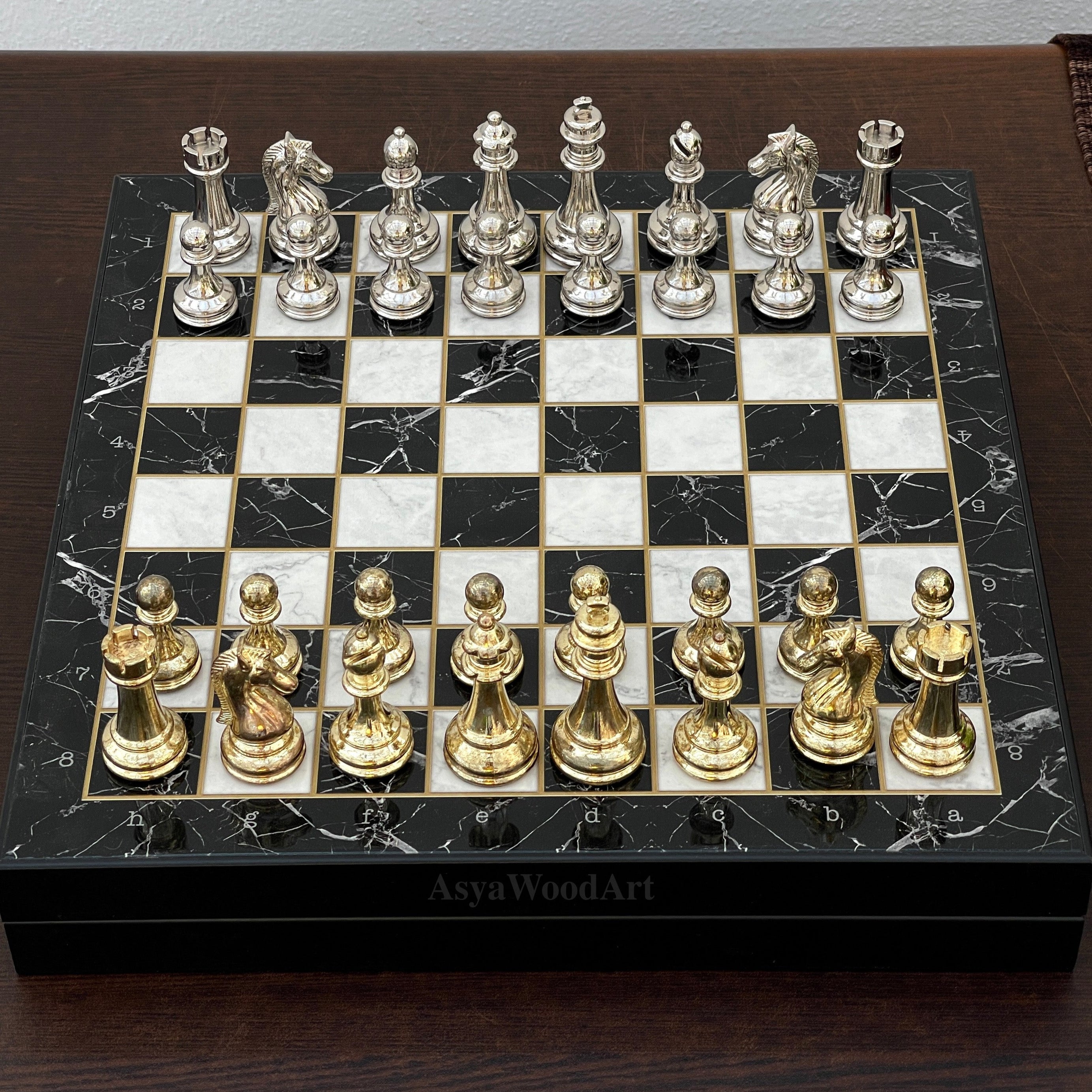 VIP Personalized Marble Patterned Chess Set With Metal Chess Pieces Figures