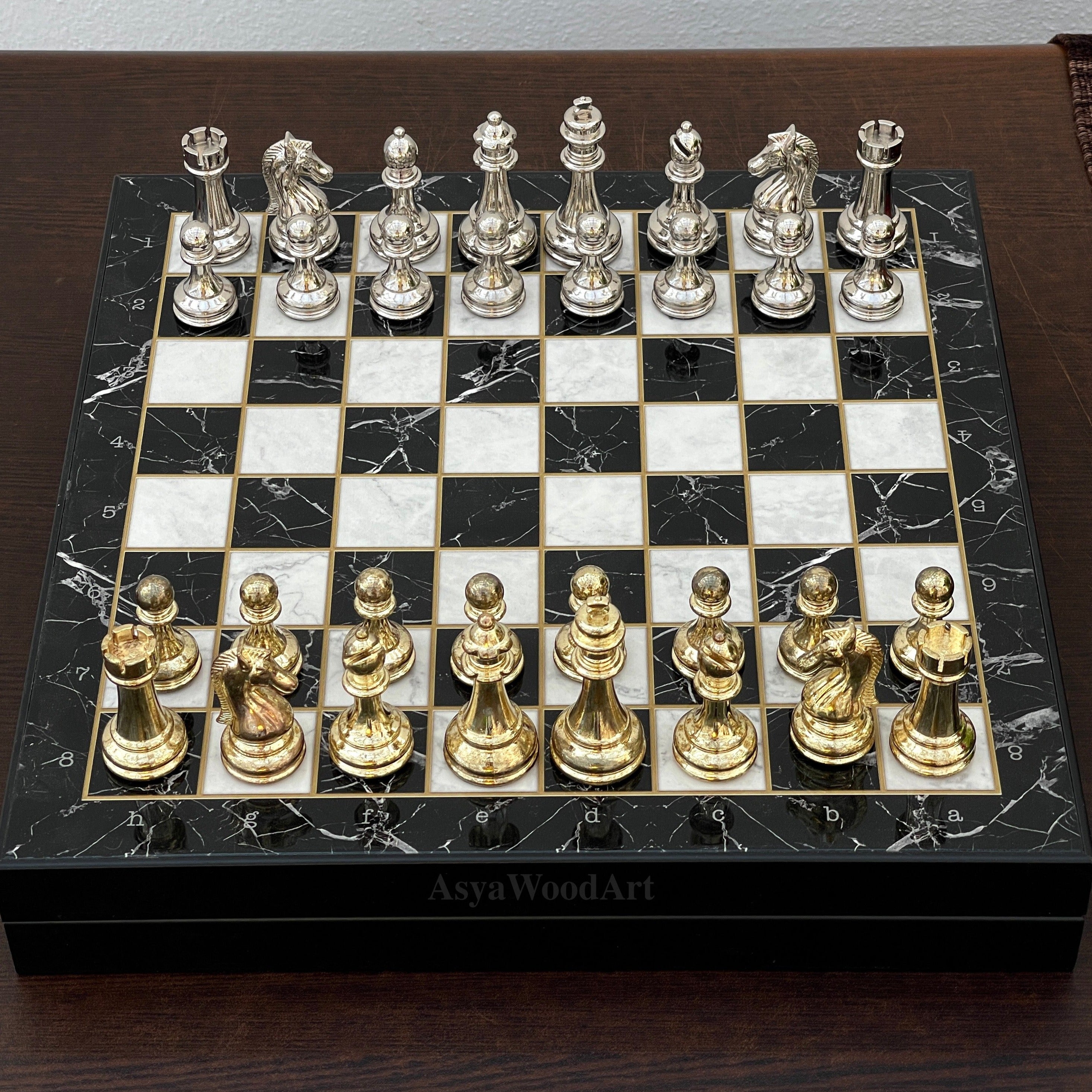 VIP Personalized Marble Patterned Chess Set With Metal Chess Pieces Figures