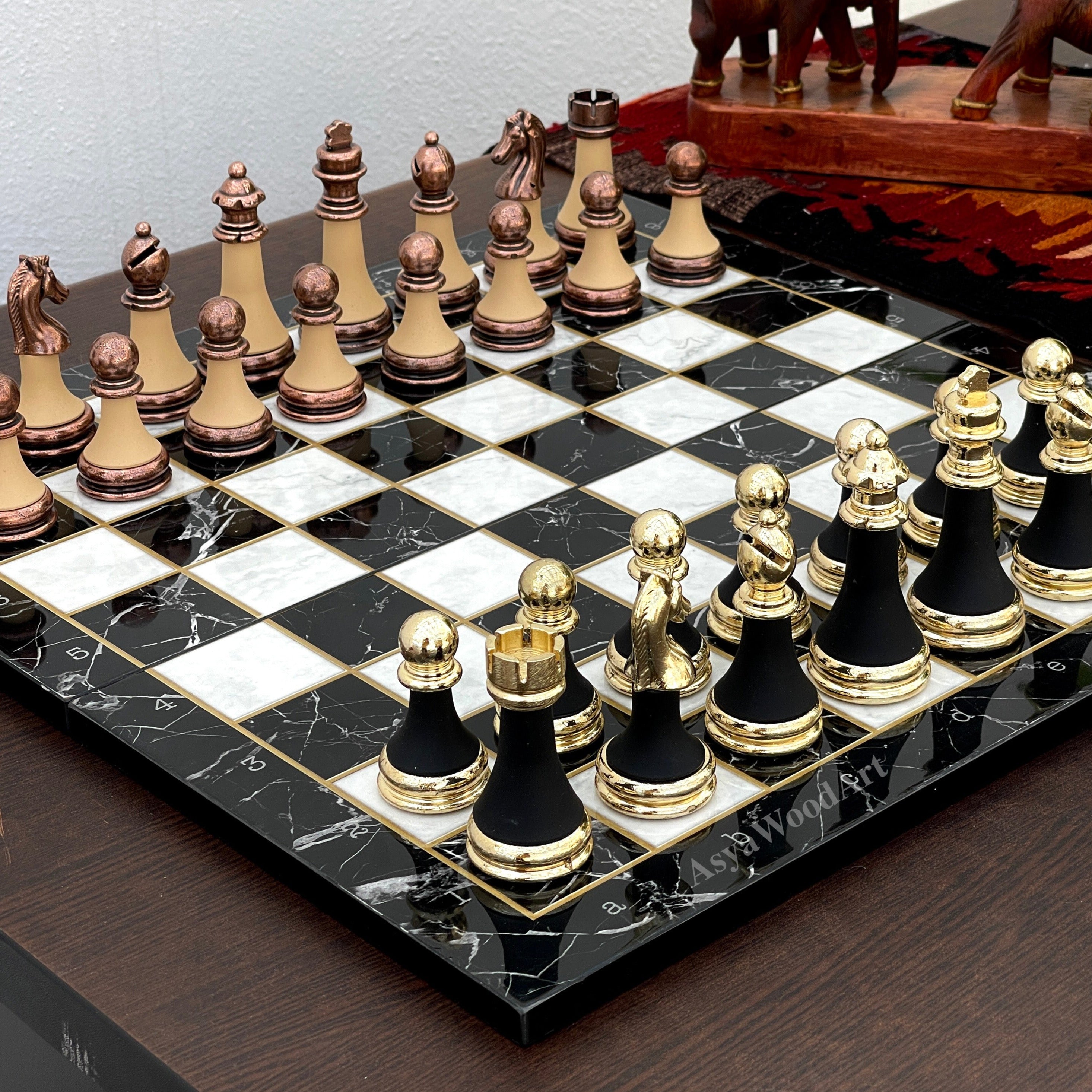 Large Marble Patterned Wooden Chess Set with Large Unique Chess Pieces