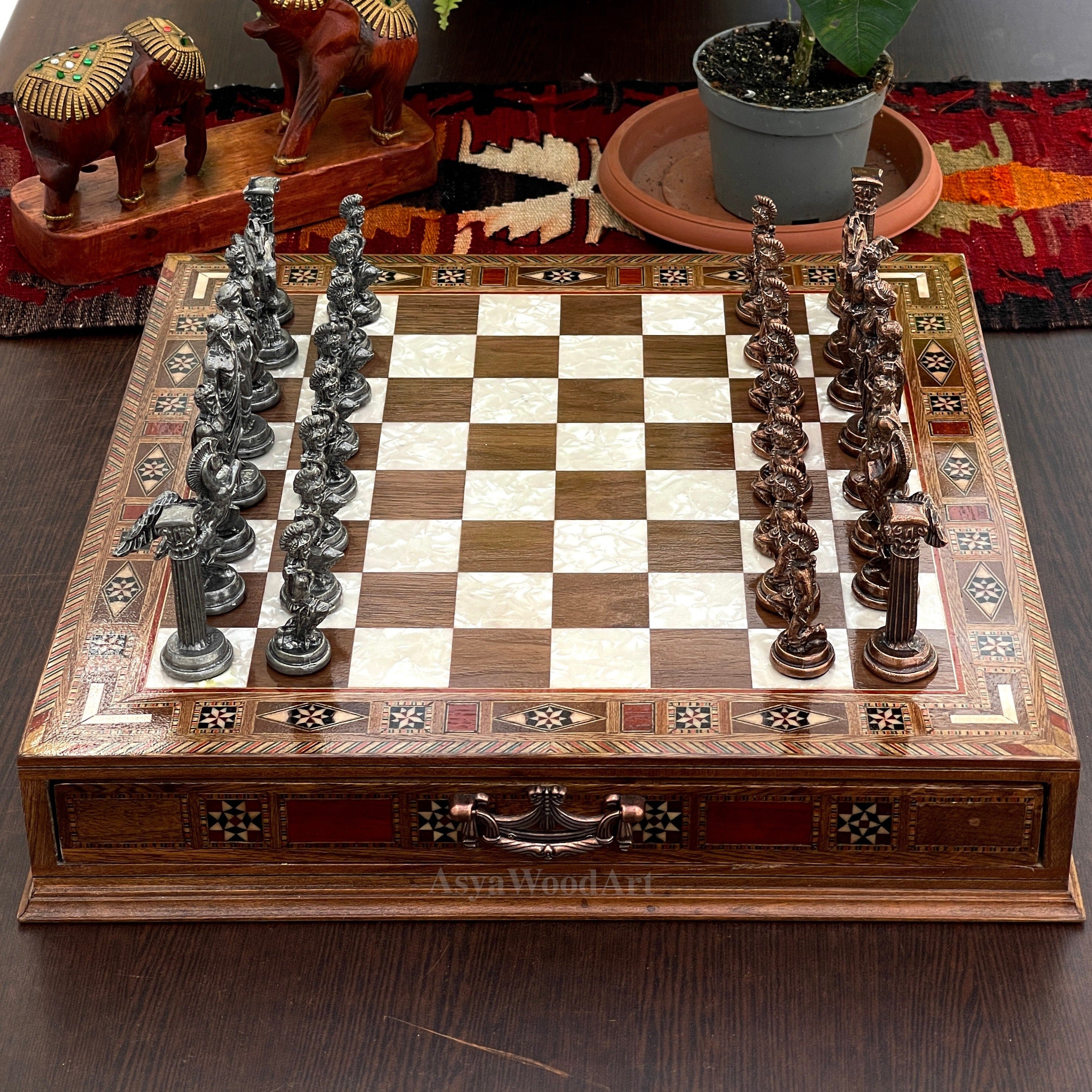 15.3" Luxury Wooden Storage Chess Board With Pegasus Metal Chess Pieces