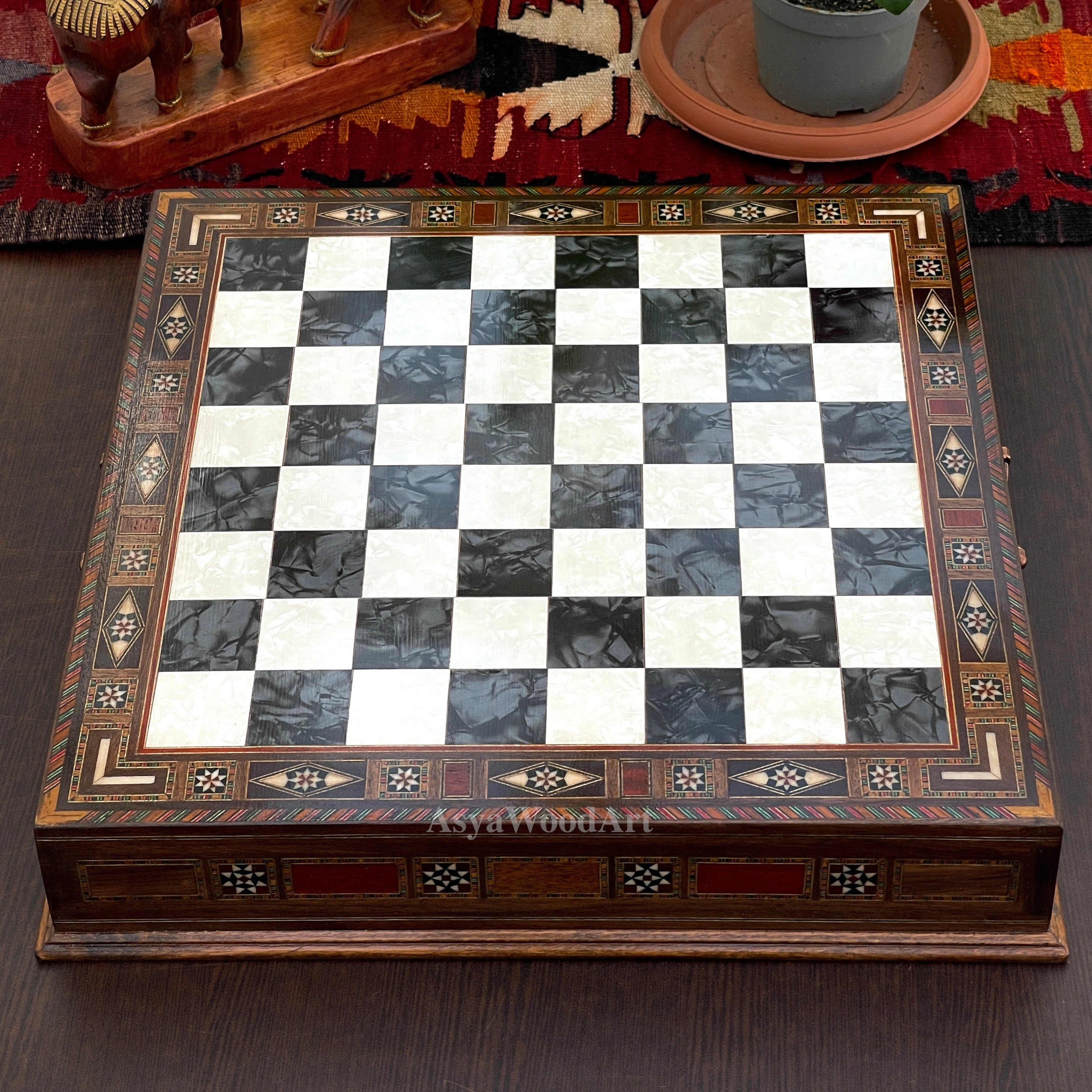 15.3" Luxury Wooden Storage Chess Board with Classic Metal Chess Pieces