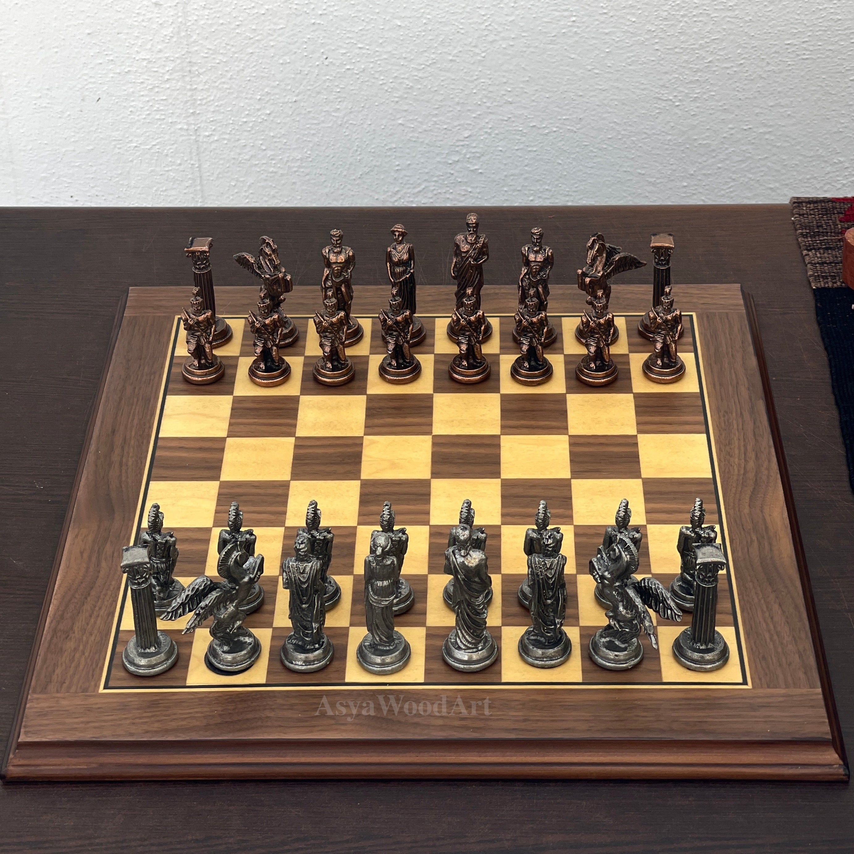 American Walnut Solid Wooden Chess Set With Pegasus Metal Chess Pieces
