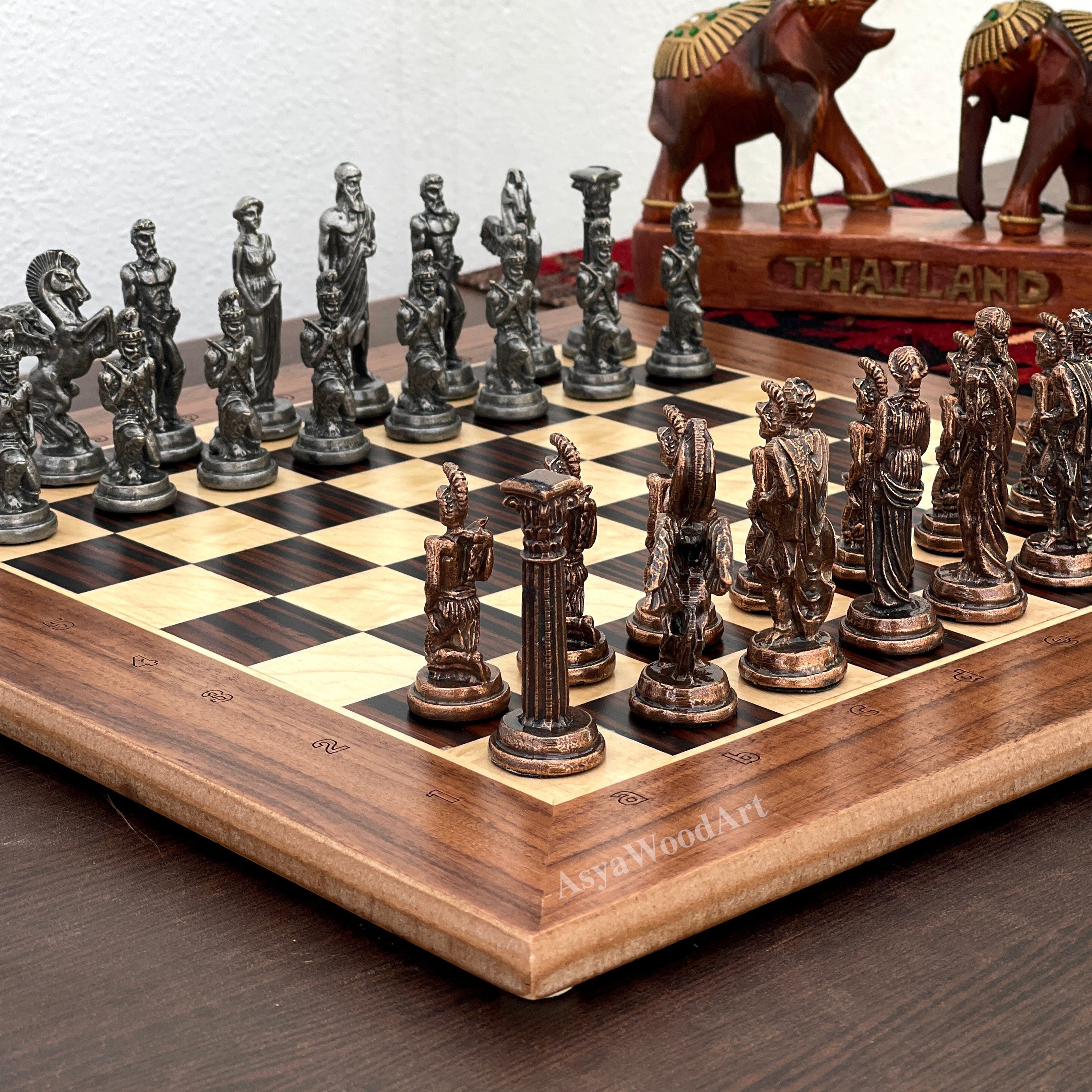 15.3" Massive Solid Wooden Chess Board With Pegasus Metal Chess Pieces