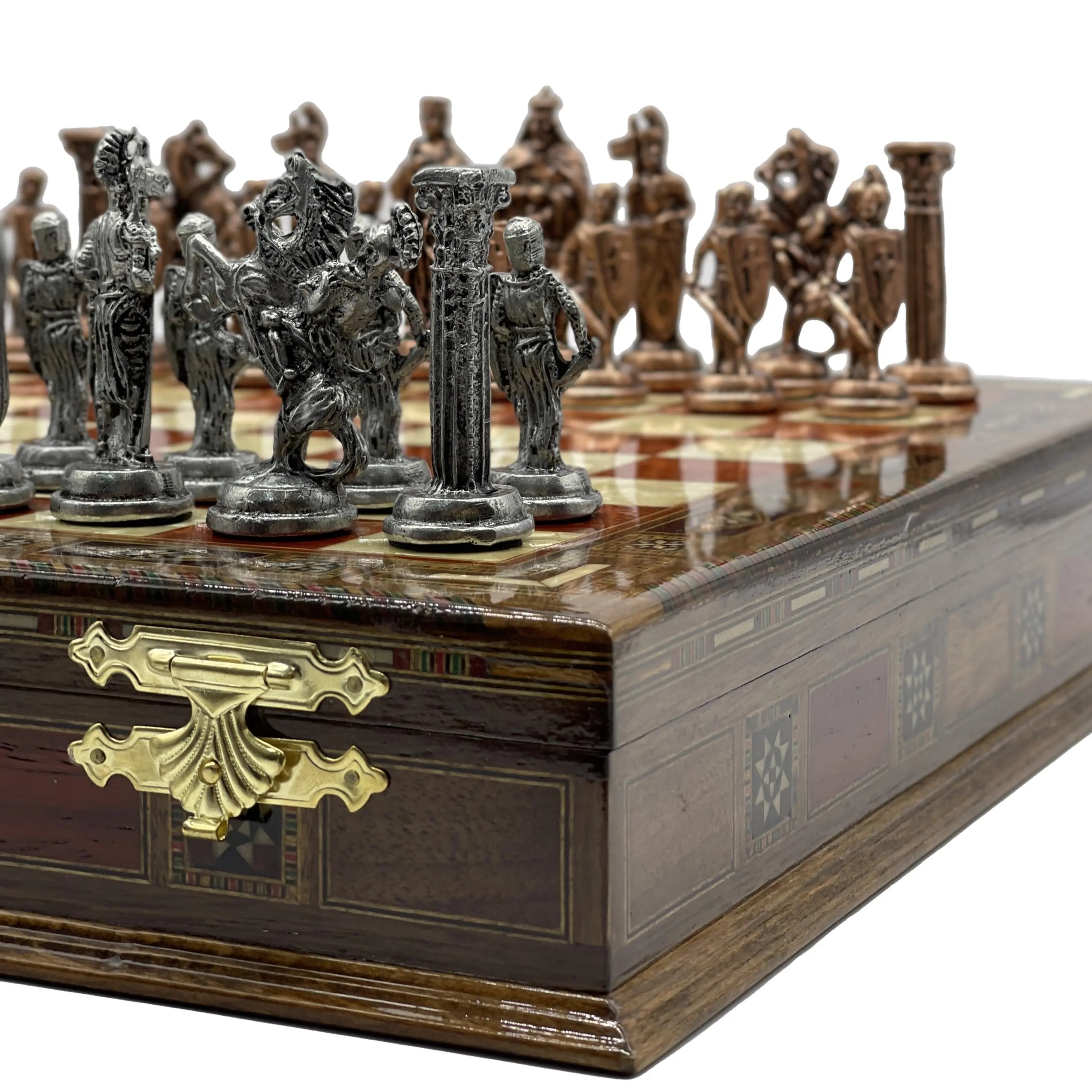 Handmade Rosewood Wooden Boxed Chess Set with British Metal Chess Pieces - AsyaWoodArt