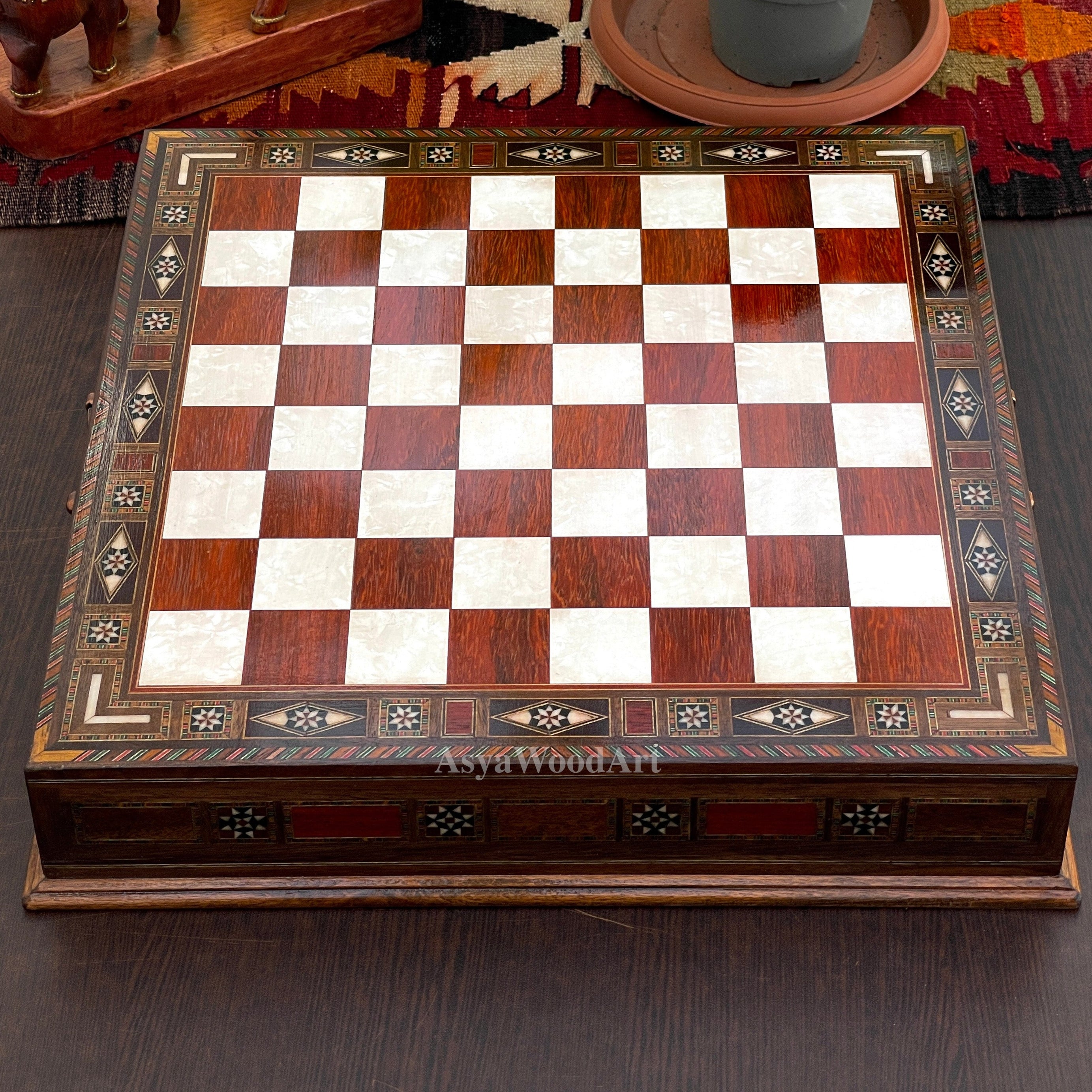 15.3" Luxury Wooden Storage Chess Board With Classic Metal Chess Pieces