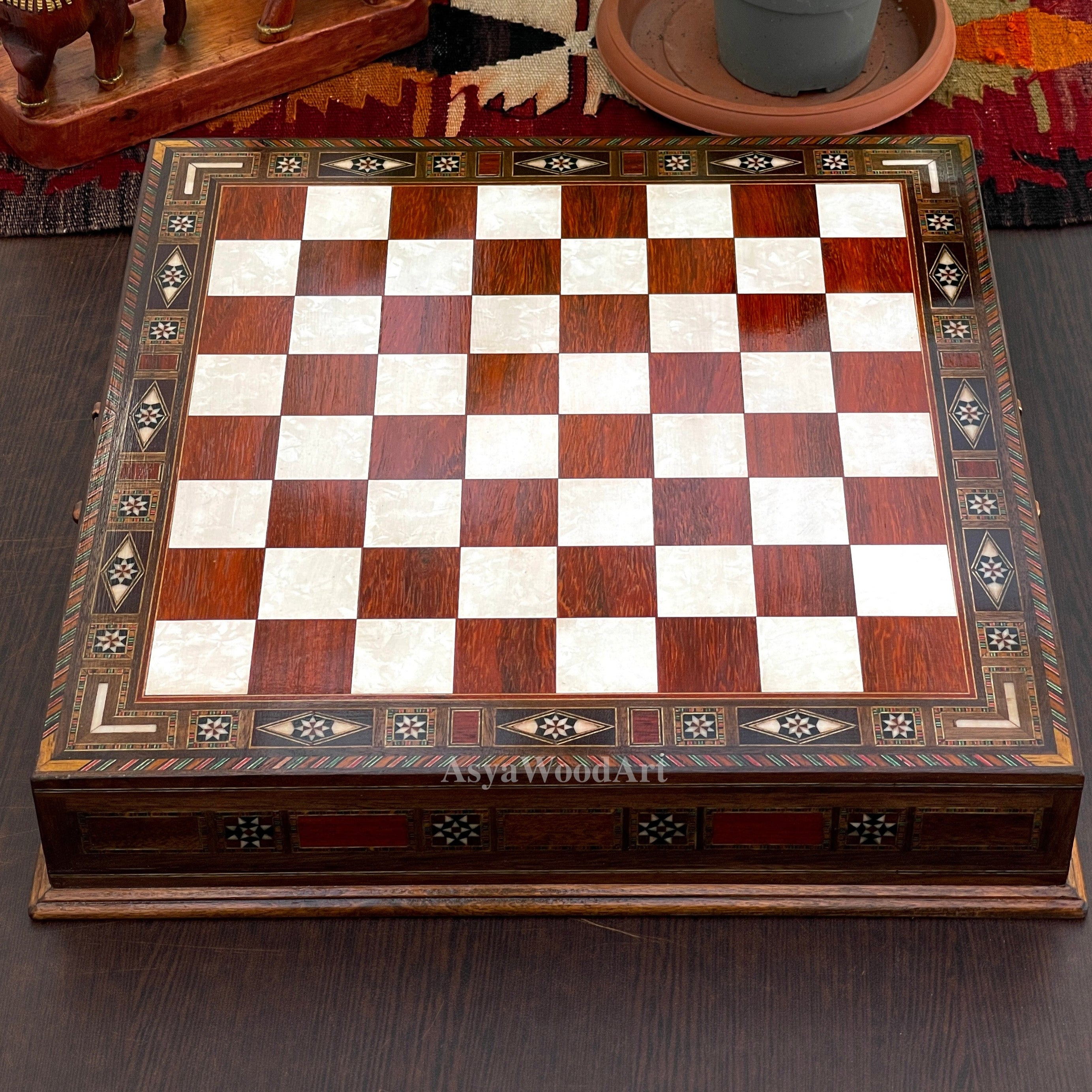 15.3" Luxury Wooden Storage Chess Board with Classic Metal Chess Pieces