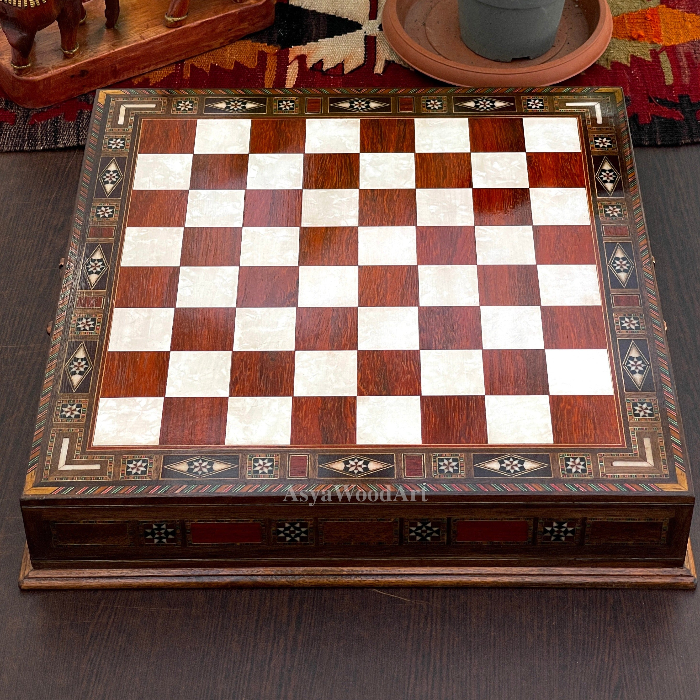 15.3" Luxury Wooden Storage Chess Board with Classic Metal Chess Pieces
