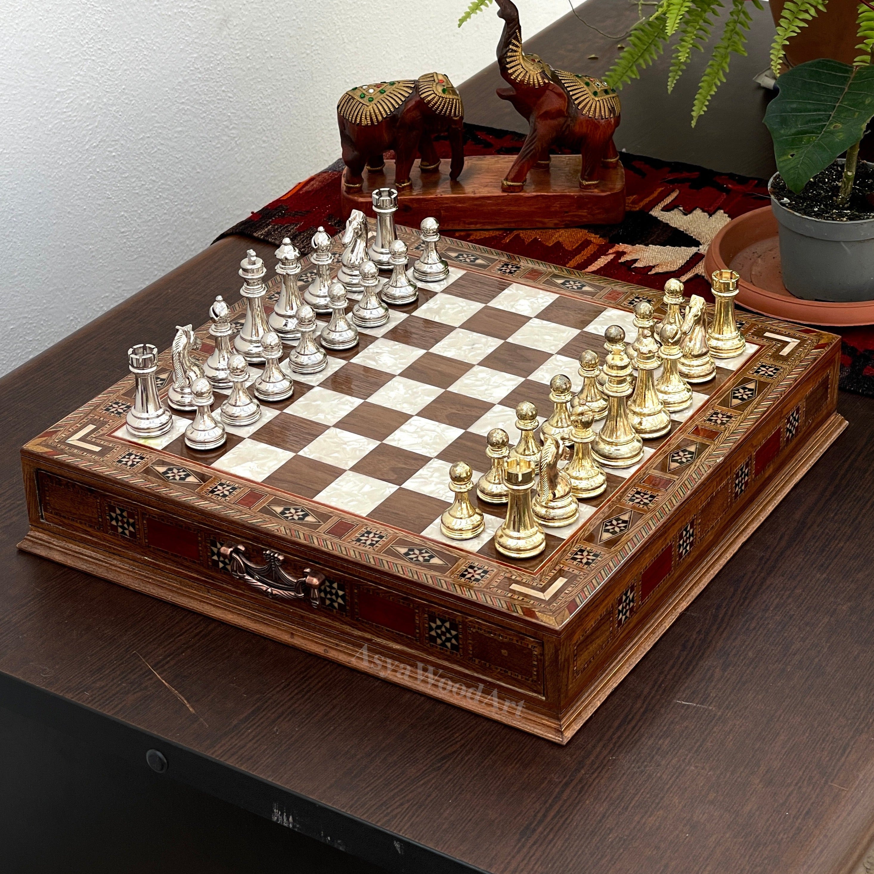 15.3" Luxury Wooden Storage Chess Board with Classic Metal Chess Pieces