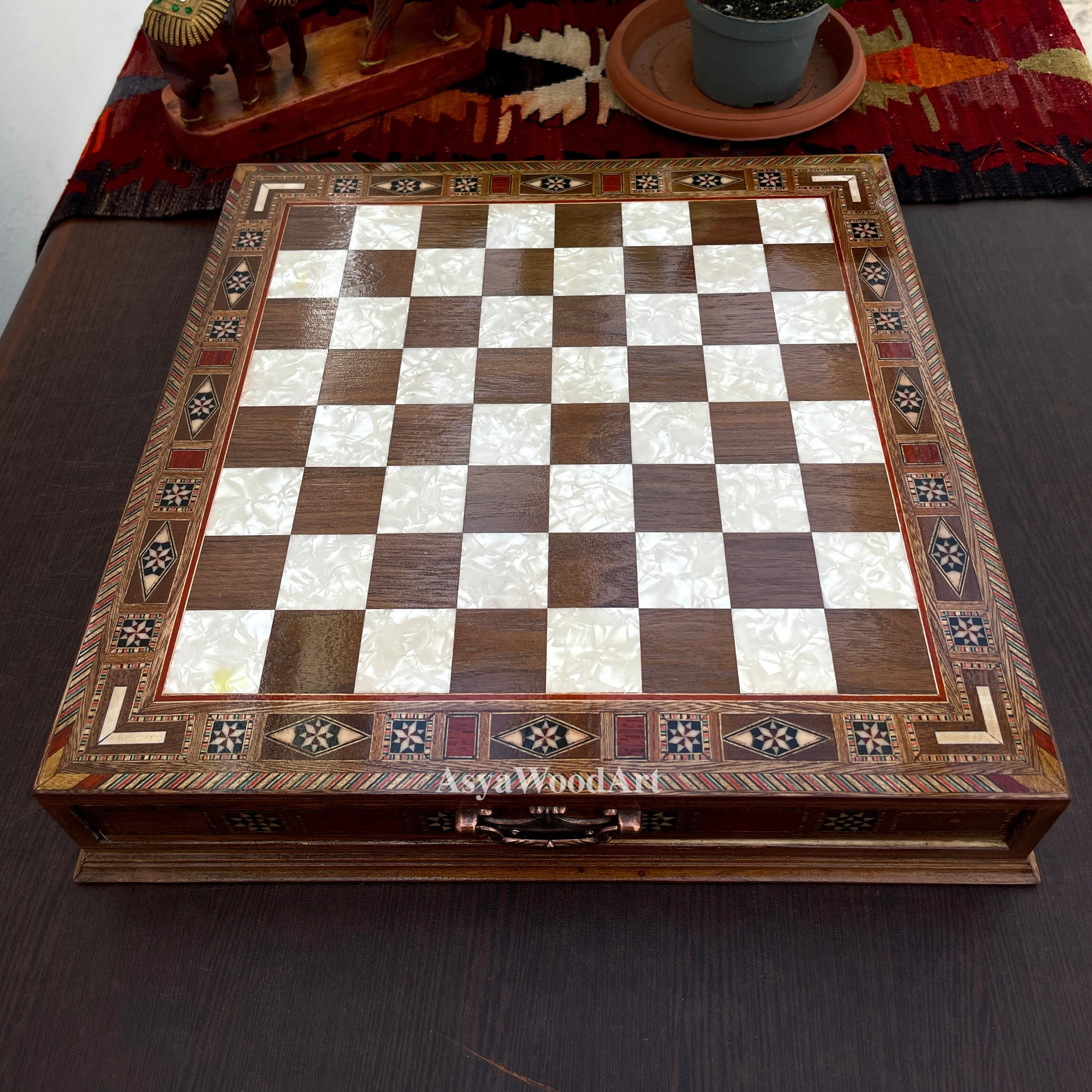 15.3" Luxury Wooden Storage Chess Board With Egyptian Metal Chess Pieces