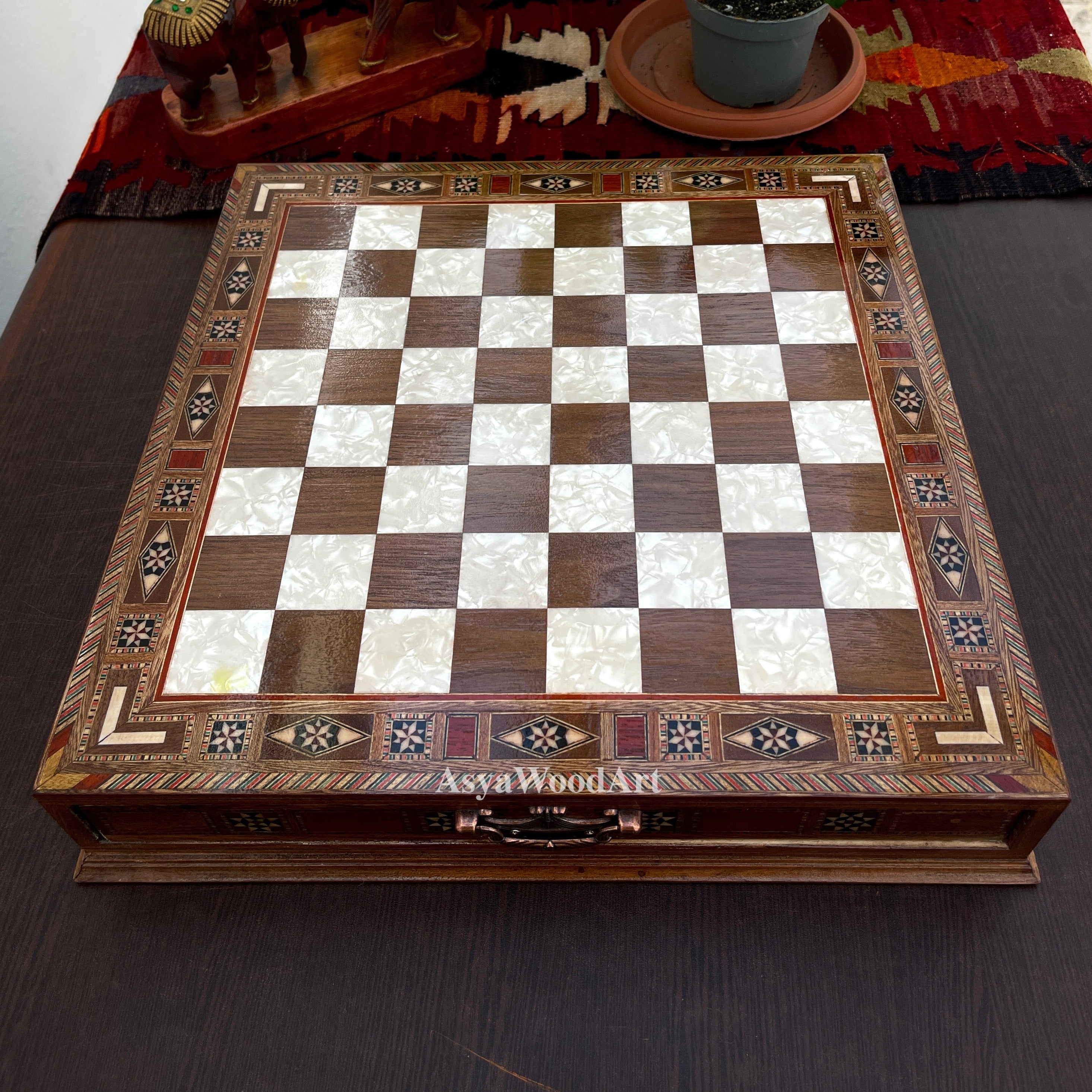 15.3" Luxury Wooden Storage Chess Board With Egyptian Metal Chess Pieces